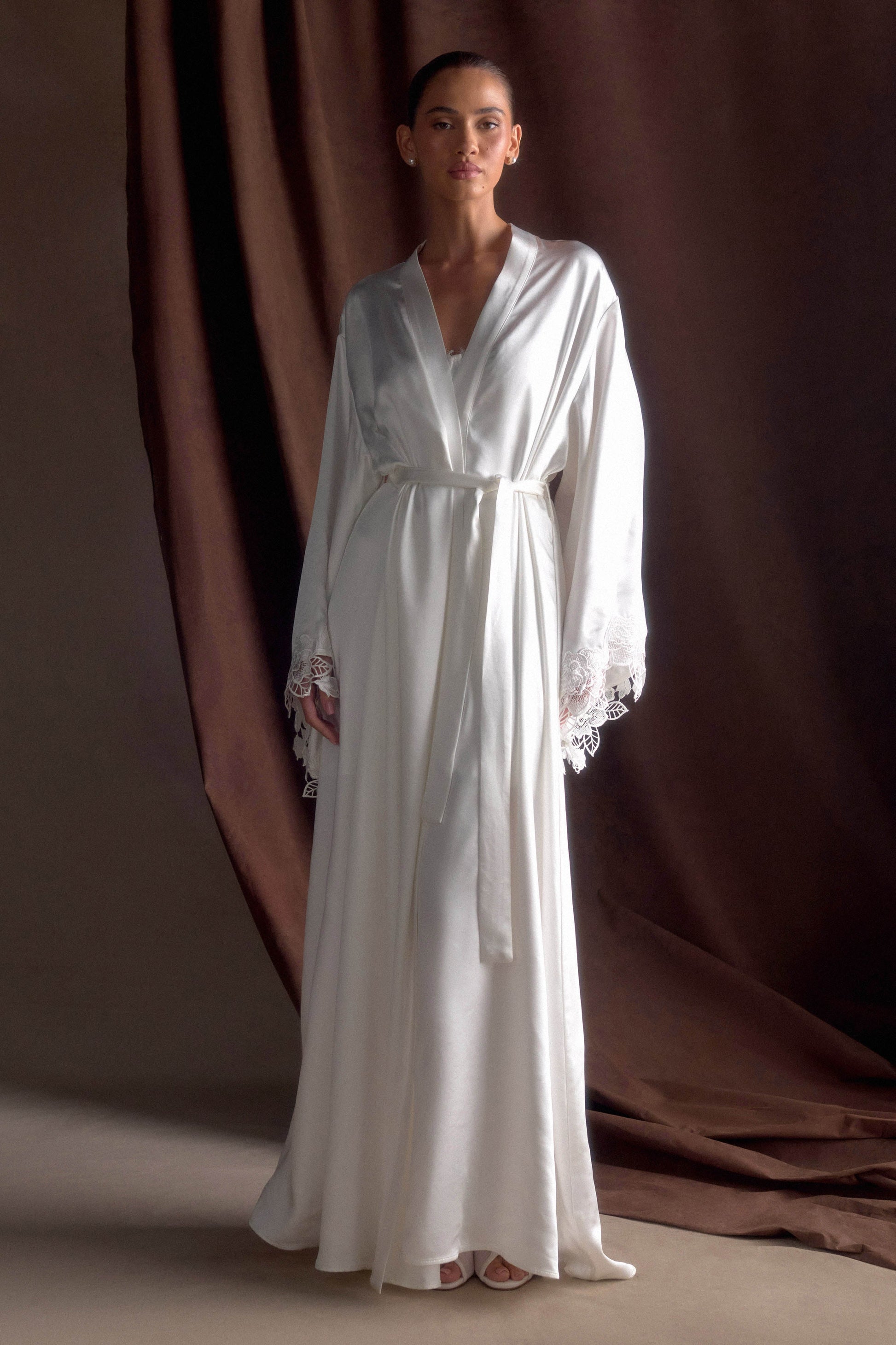 Sullivan Satin Bridal Robe With Lace - Ivory | MESHKI US Sullivan Satin Bridal Robe With Lace - Ivory | MESHKI US