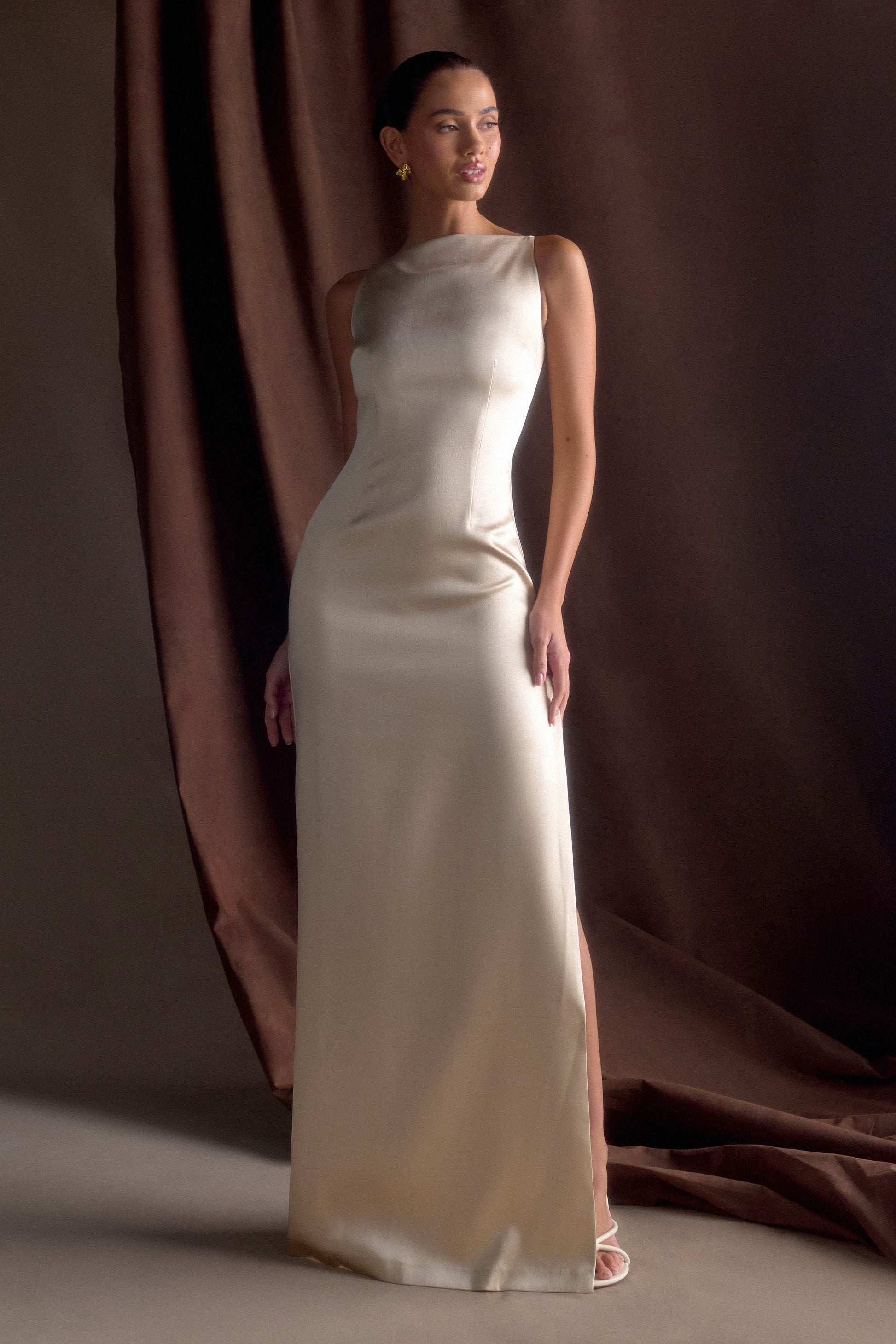 Violet Sleeveless Satin Maxi Dress / Blush Gold | Meshki | XXS Violet Sleeveless Satin Maxi Dress / Blush Gold | Meshki | XXS