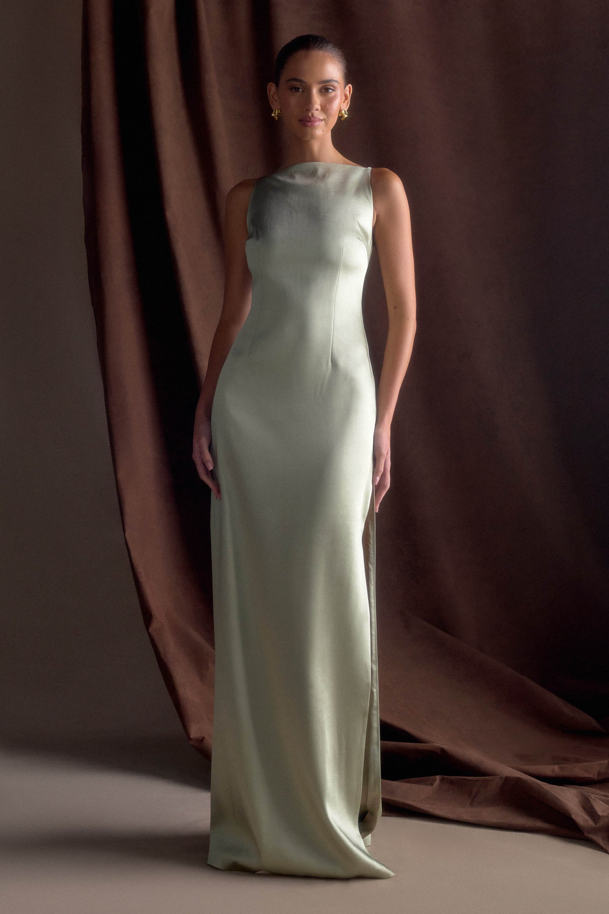 Violet Sleeveless Satin Maxi Dress / Sage | MESHKI