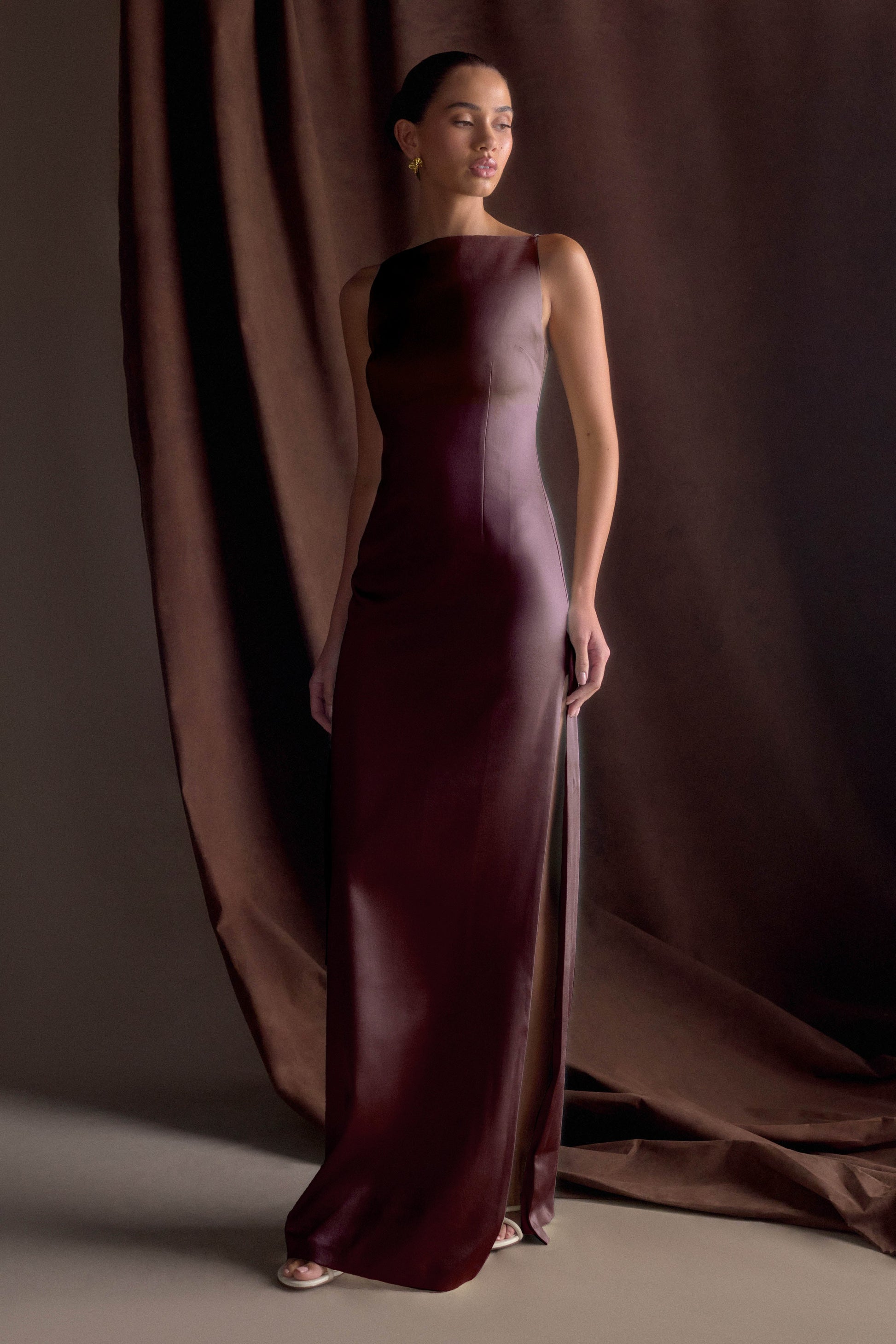 Violet Sleeveless Satin Maxi Dress / Dark Chocolate | MESHKI