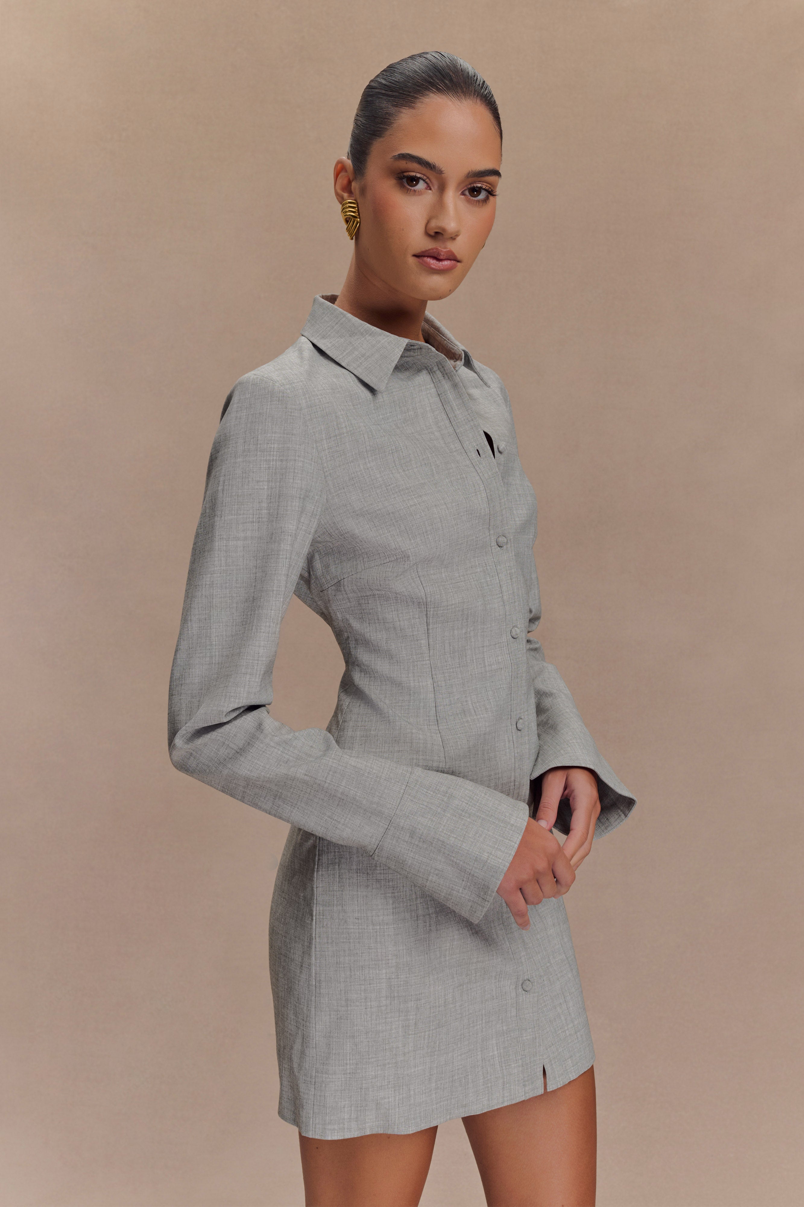 Dorian Fitted Shirt Mini Dress - Charcoal Marle | MESHKI US