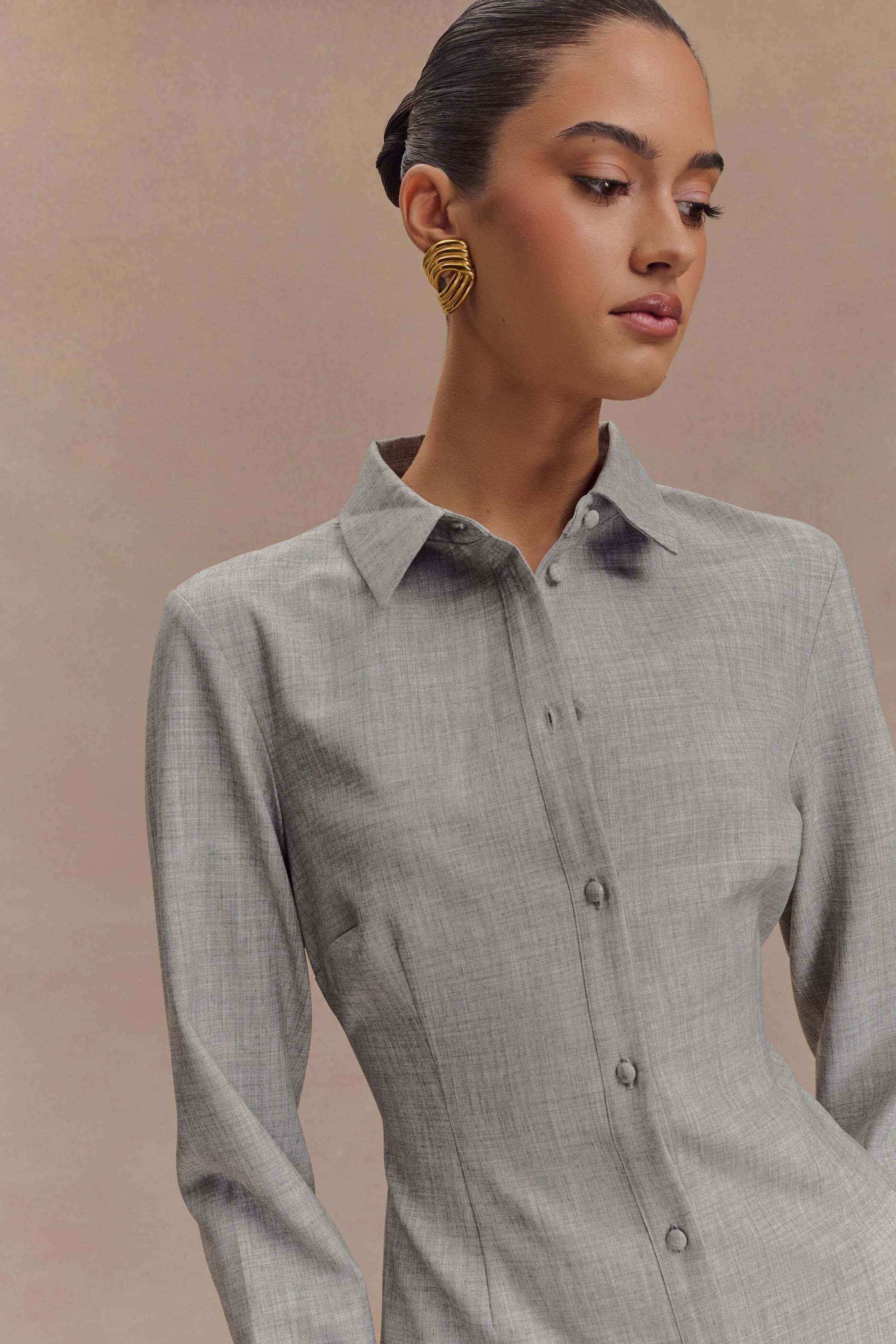 Dorian Fitted Shirt Mini Dress / Charcoal Marle | MESHKI