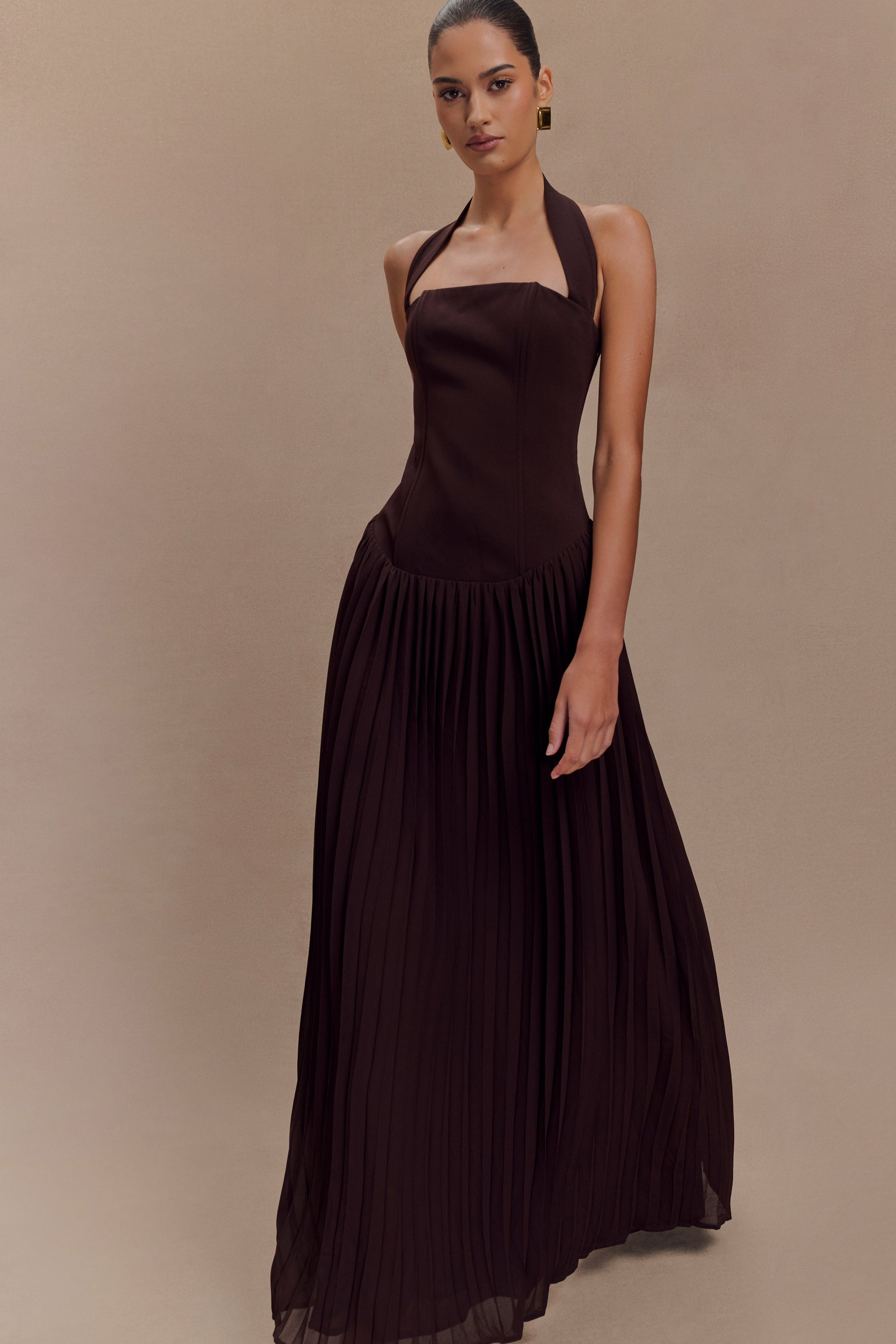 Stacie Pleated Halter Maxi Dress / Cacao | MESHKI