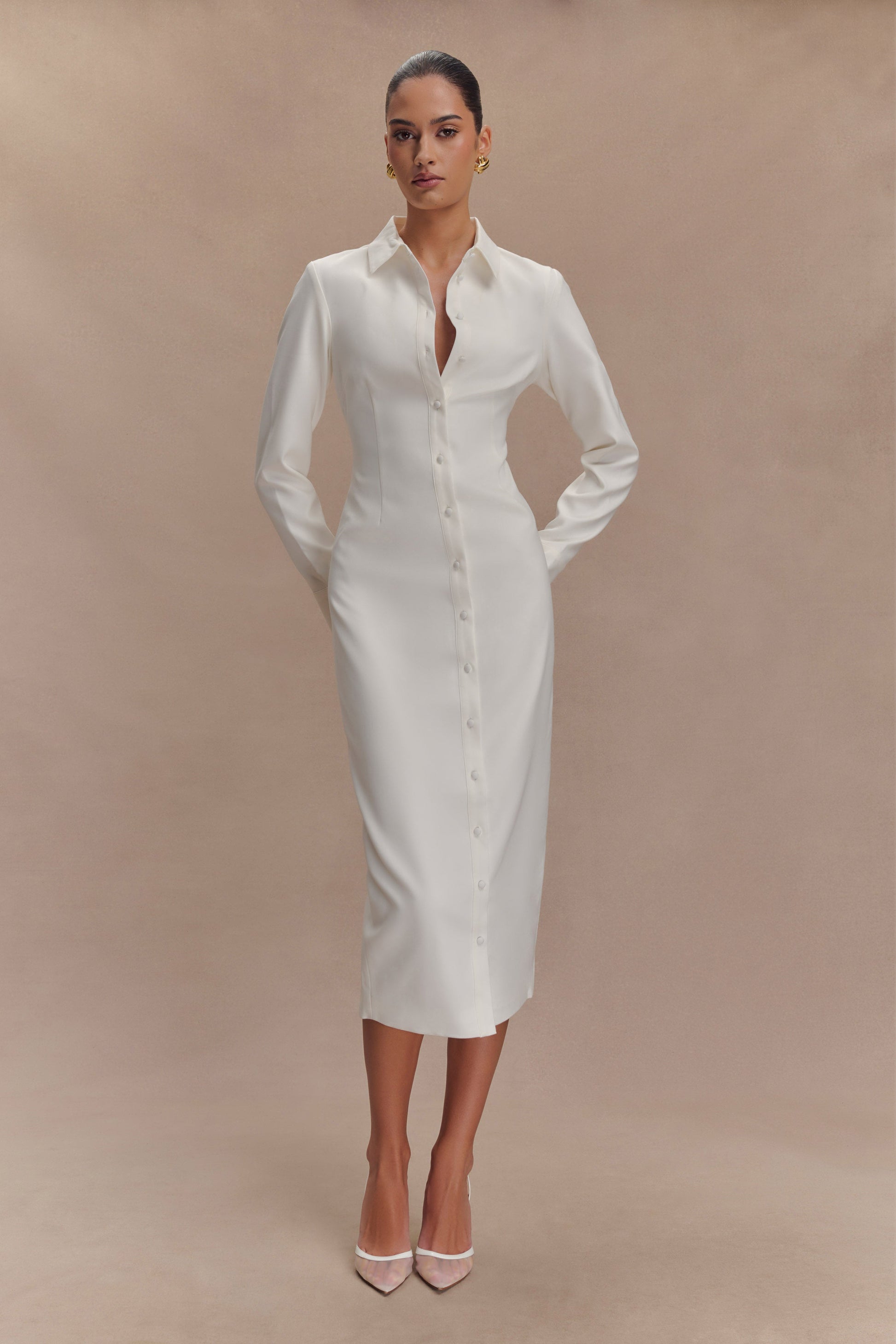 Dorian Fitted Shirt Midi Dress / White | MESHKI Dorian Fitted Shirt Midi Dress / White | MESHKI