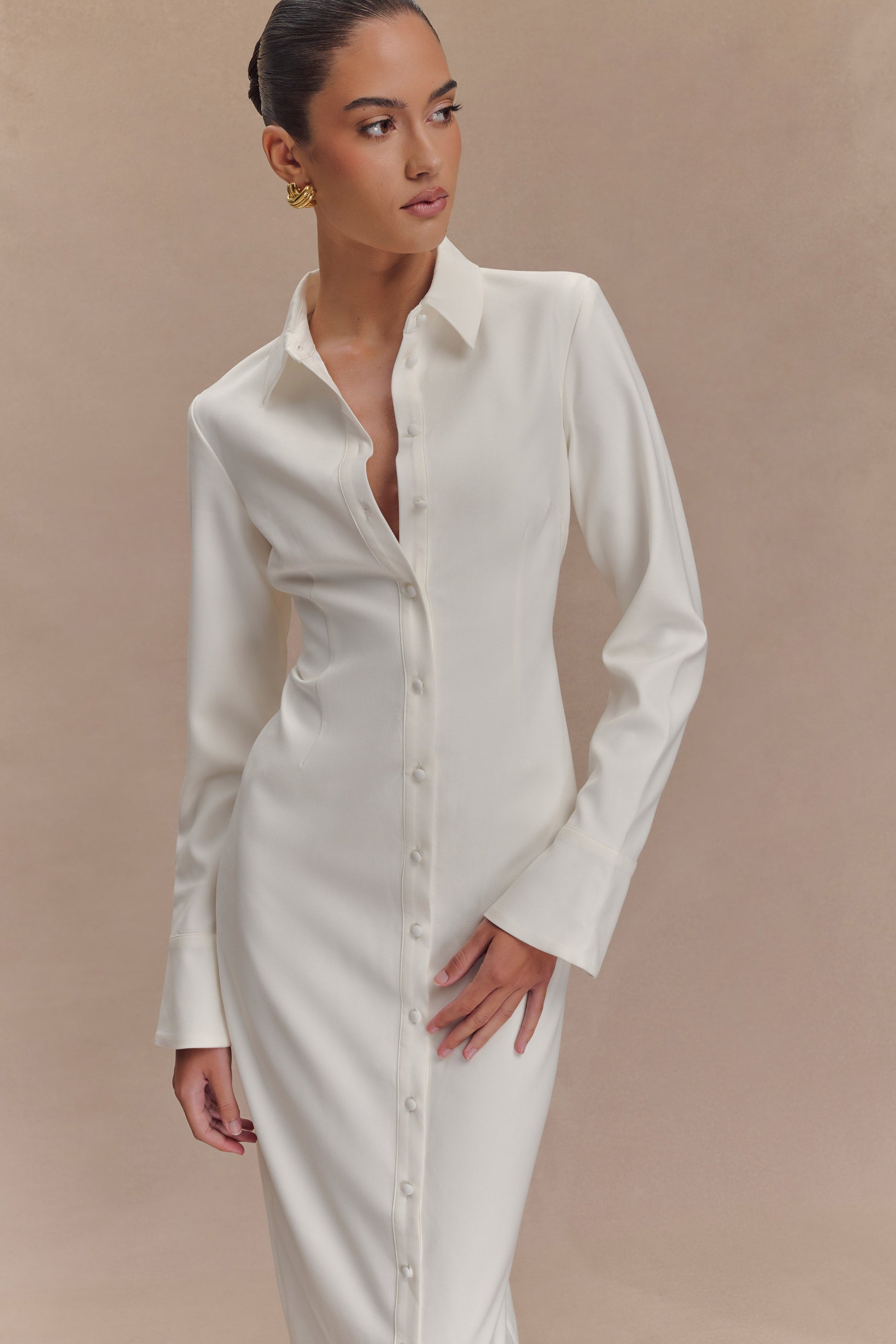 Dorian Fitted Shirt Midi Dress - White | MESHKI US Dorian Fitted Shirt Midi Dress - White | MESHKI US