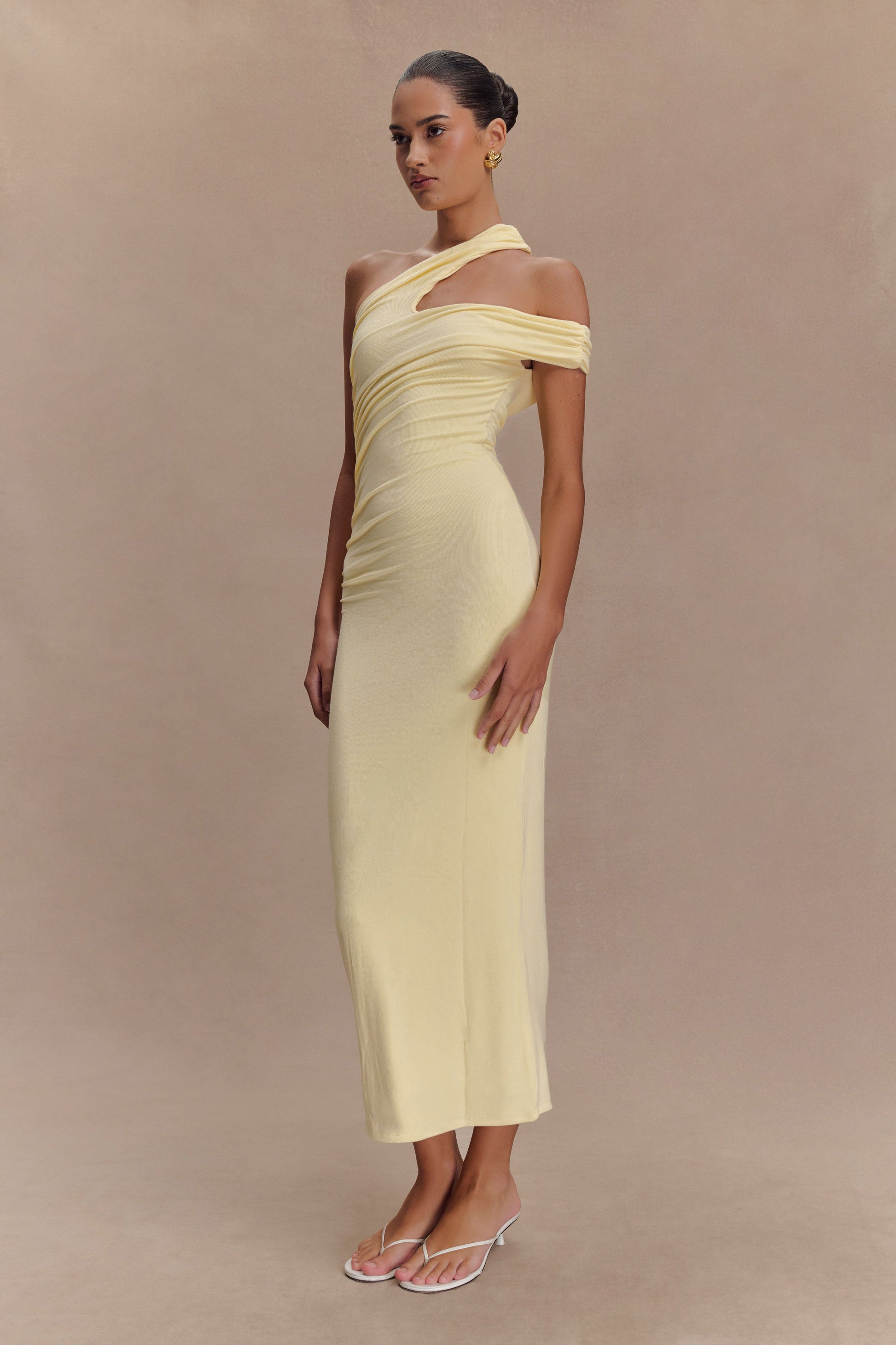 beige tropical isla padded shoulders midi dress Anastasia One Shoulder Modal Midi Dress