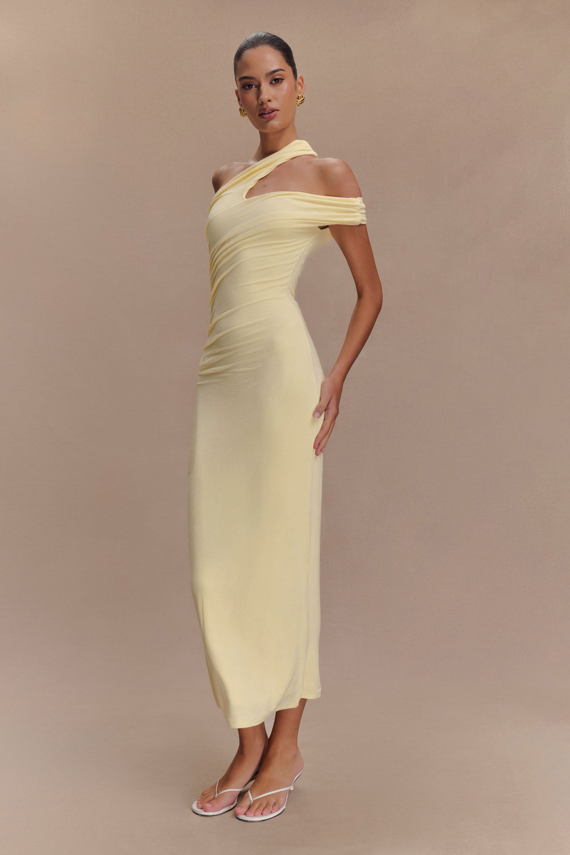Anastasia One Shoulder Modal Midi Dress - Pale Lemon XXS Anastasia One Shoulder Modal Midi Dress - Pale Lemon XXS