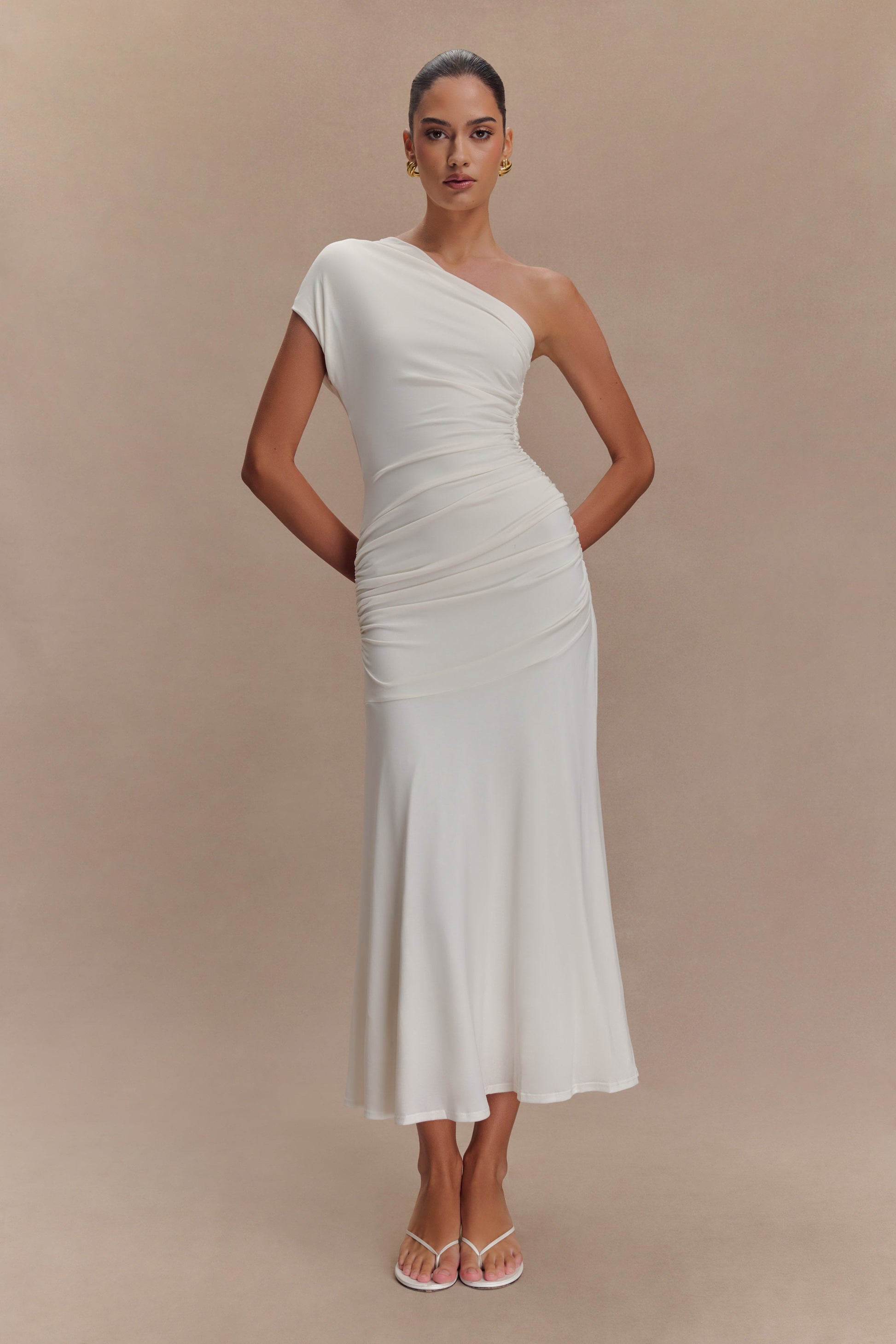 Chloe Peached Jersey One Shoulder Midi Dress / Ivory | MESHKI