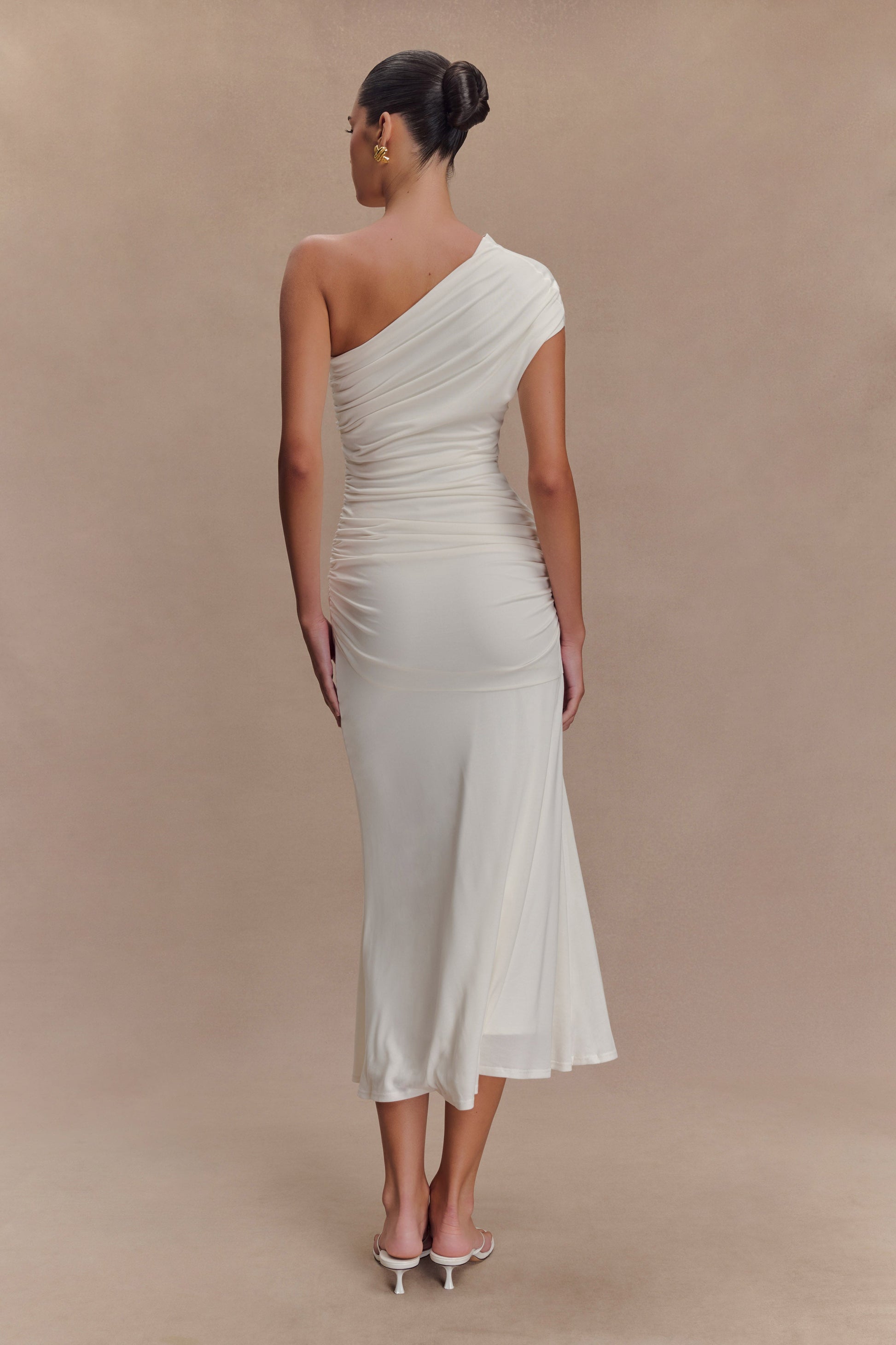 Chloe Peached Jersey One Shoulder Midi Dress / Ivory | MESHKI Chloe Peached Jersey One Shoulder Midi Dress / Ivory | MESHKI