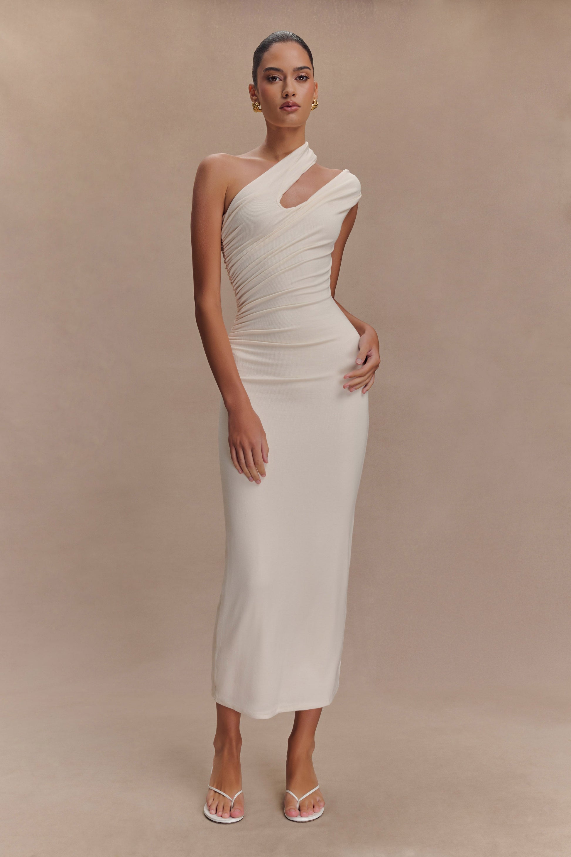 Anastasia One Shoulder Modal Midi Dress - Ivory | MESHKI US Anastasia One Shoulder Modal Midi Dress - Ivory | MESHKI US