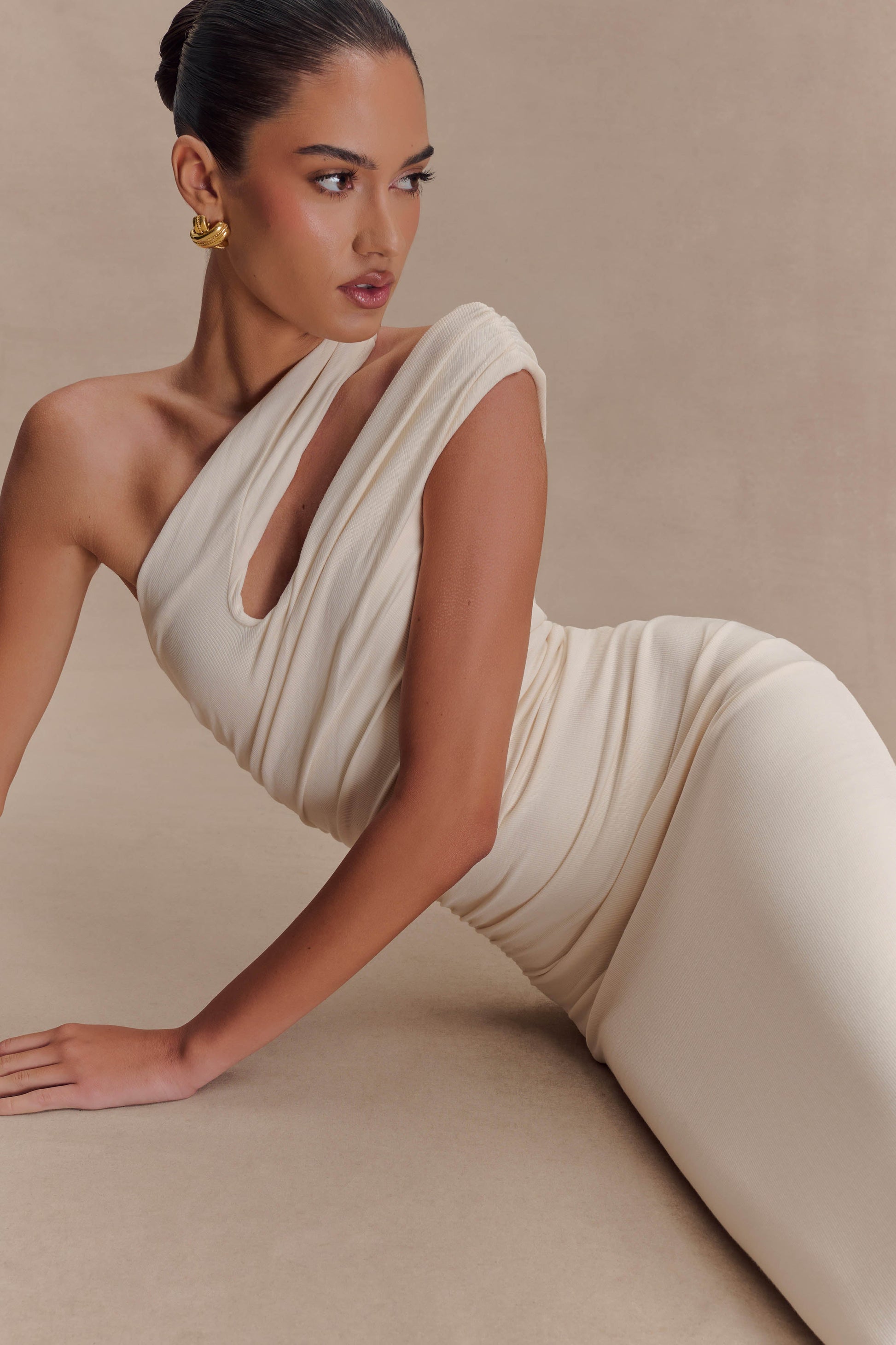 Anastasia One Shoulder Modal Midi Dress - Ivory | MESHKI US Anastasia One Shoulder Modal Midi Dress - Ivory | MESHKI US