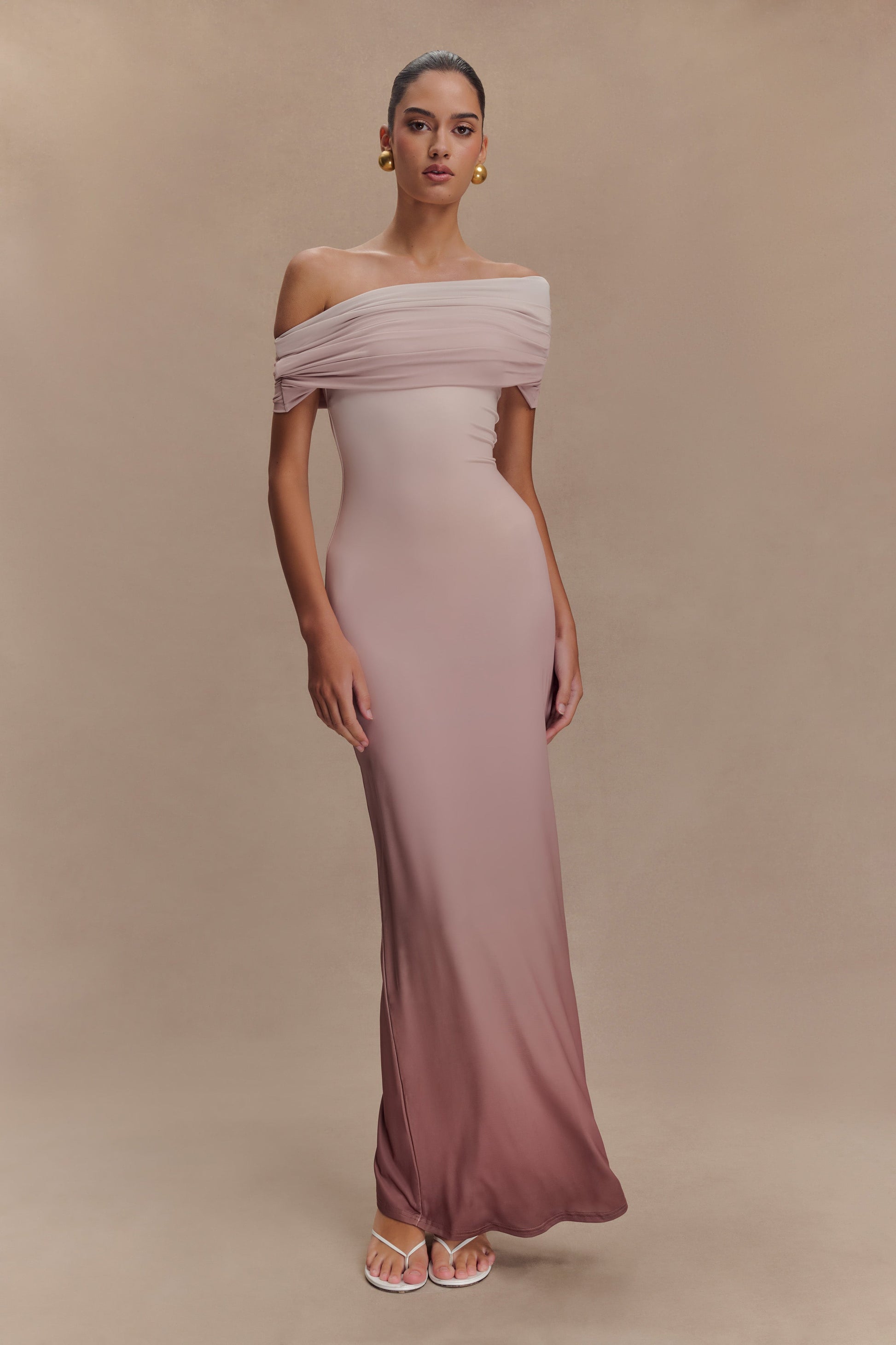 Cassandra Off Shoulder Slinky Maxi Dress - Neutral Ombre 3XL Cassandra Off Shoulder Slinky Maxi Dress - Neutral Ombre 3XL