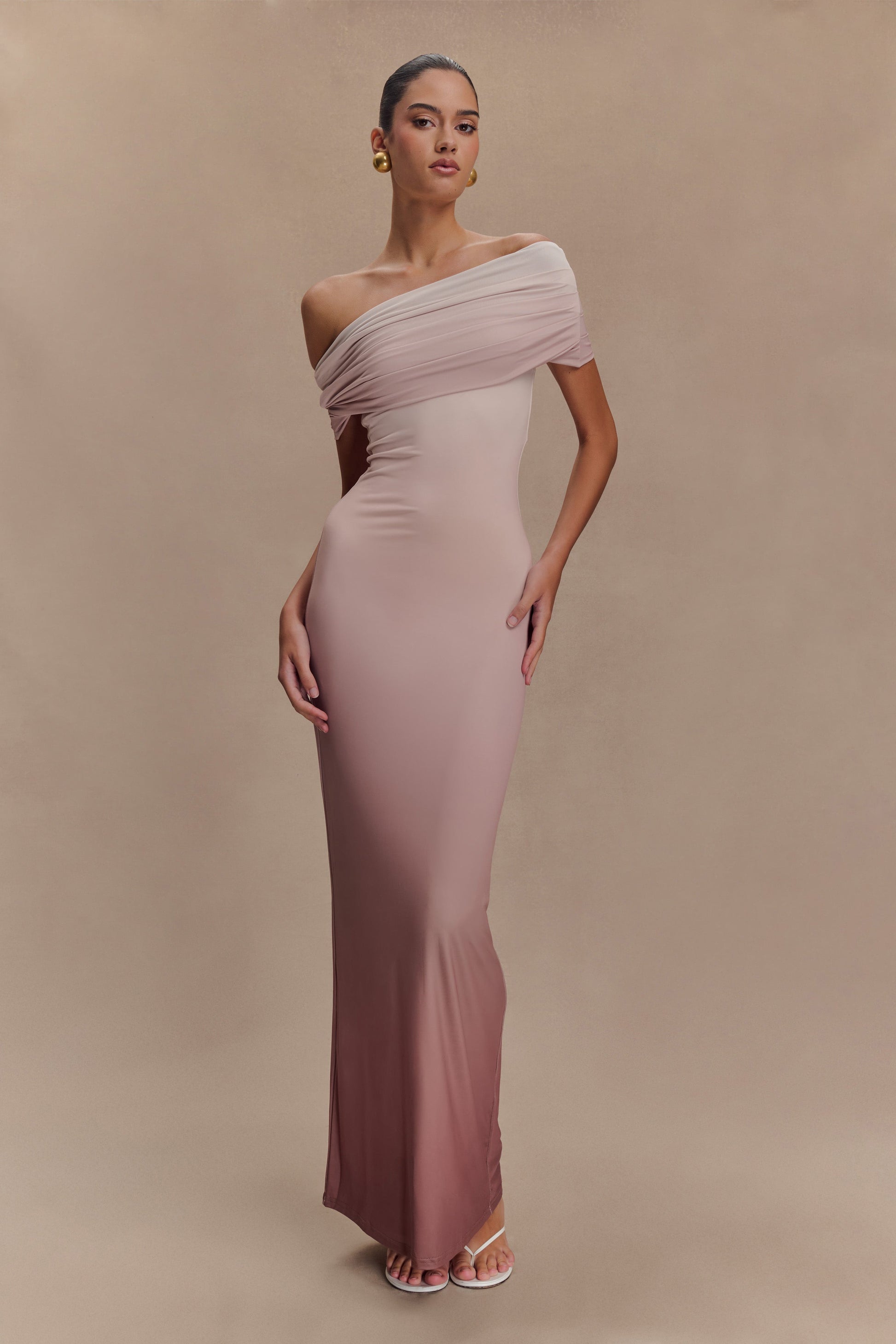 Cassandra Off Shoulder Slinky Maxi Dress - Neutral Ombre 3XL Cassandra Off Shoulder Slinky Maxi Dress - Neutral Ombre 3XL