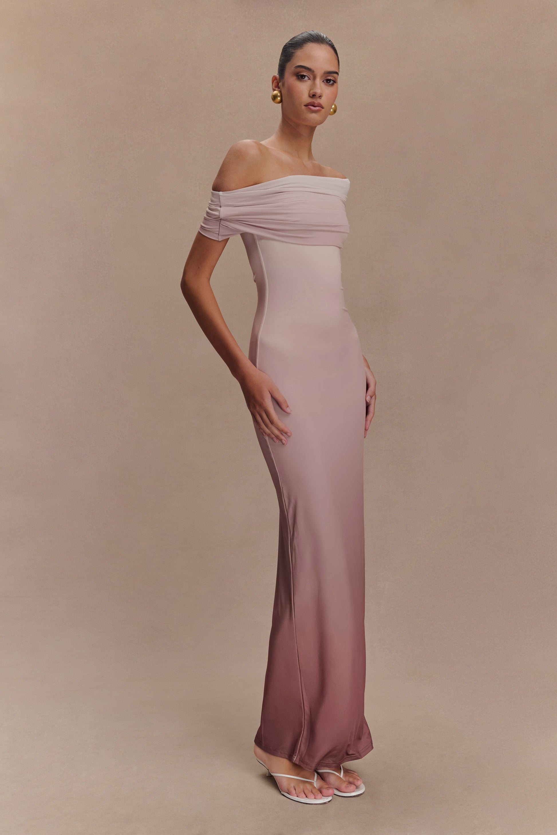 Cassandra Off Shoulder Slinky Maxi Dress - Neutral Ombre 3XL Cassandra Off Shoulder Slinky Maxi Dress - Neutral Ombre 3XL