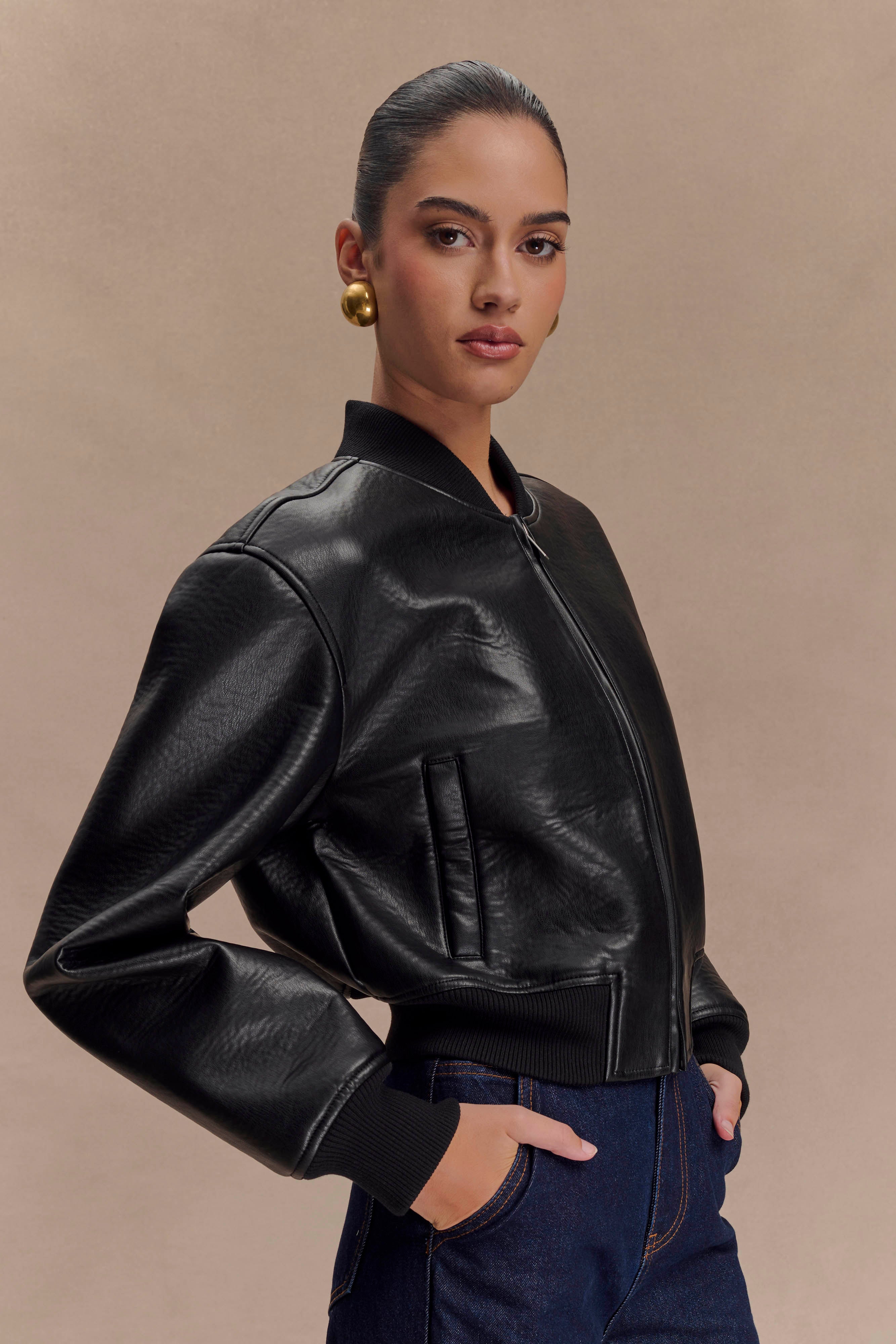 Codi Faux Leather Bomber Jacket - Black | MESHKI US