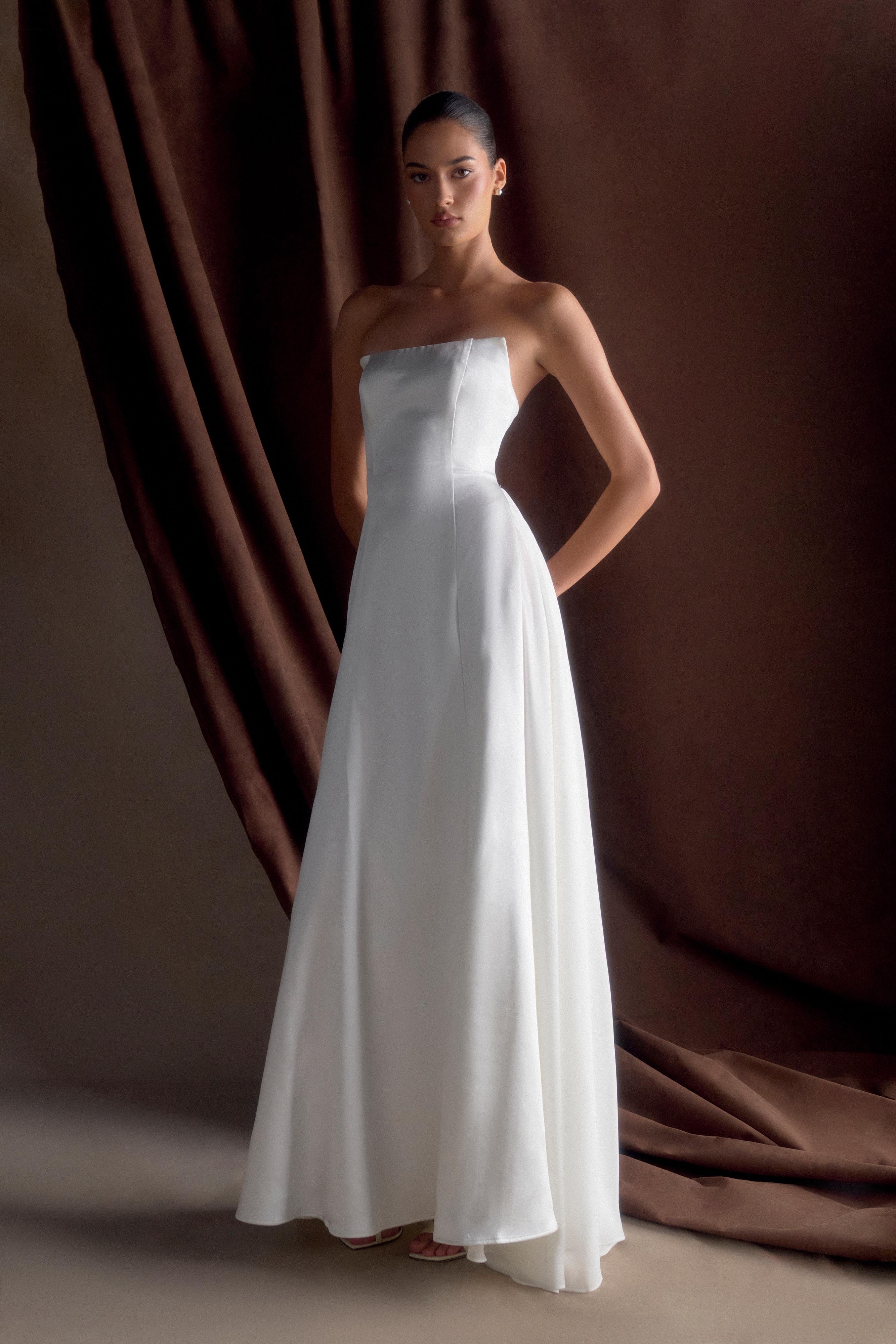 Rosella Satin Strapless Maxi Dress - White | MESHKI US