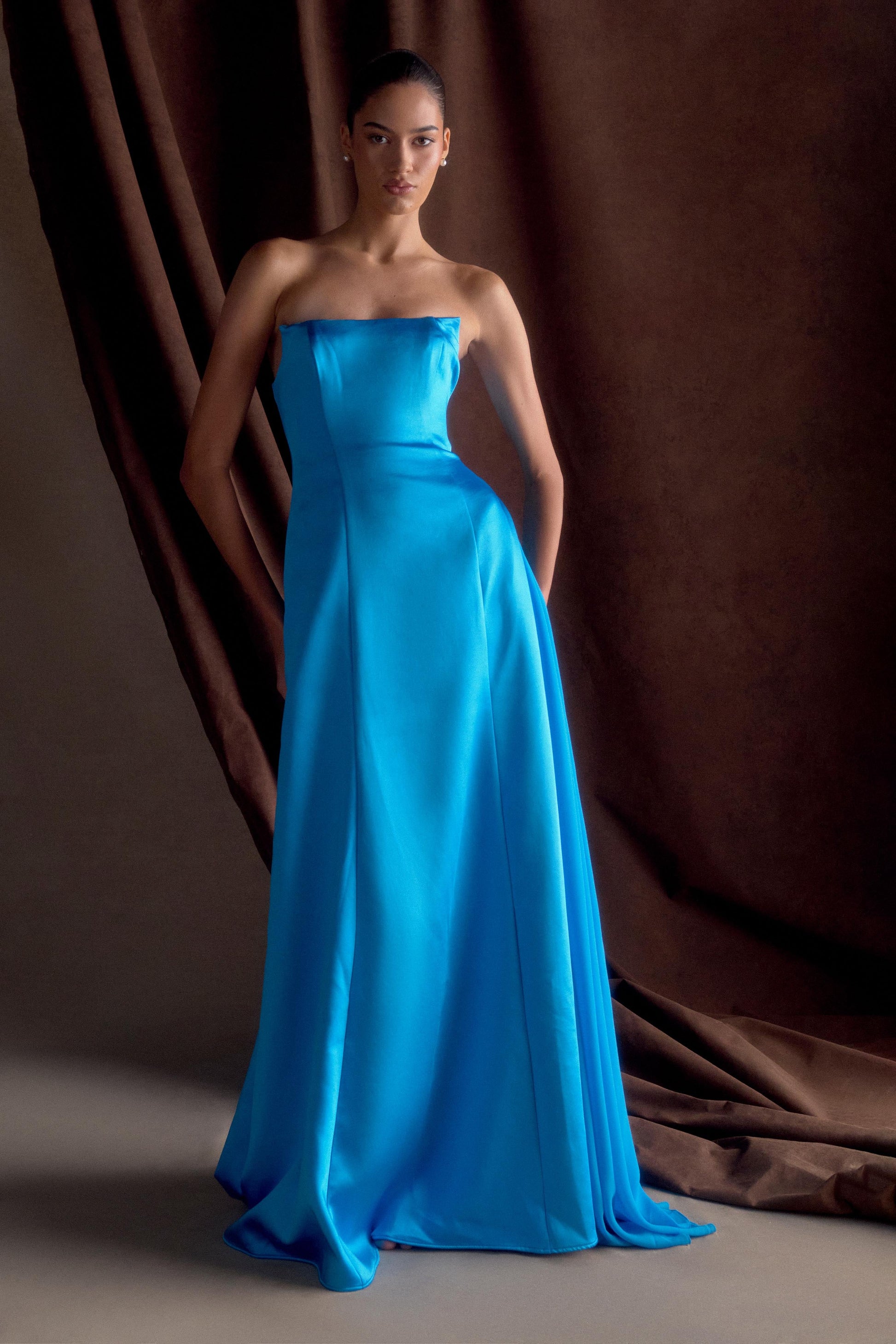 Rosella Satin Strapless Maxi Dress / Cyan Blue | MESHKI