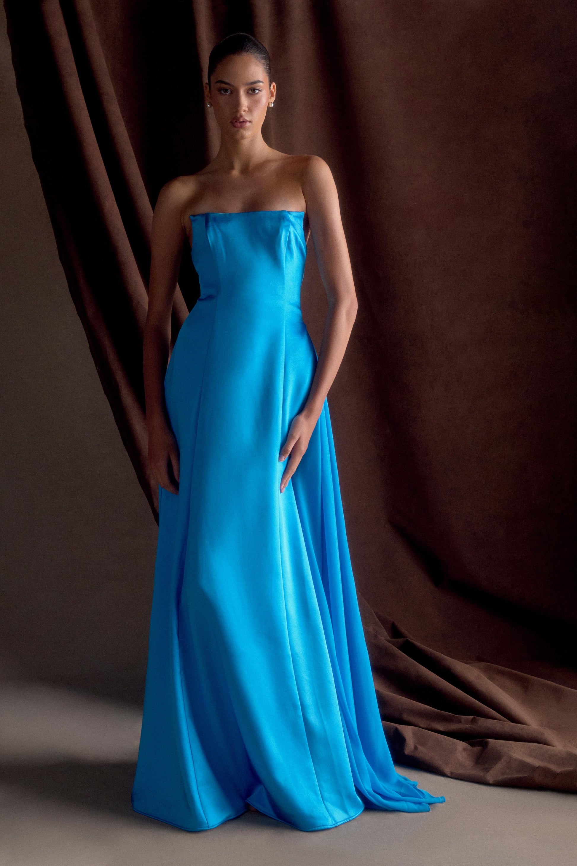 Rosella Satin Strapless Maxi Dress / Cyan Blue | MESHKI