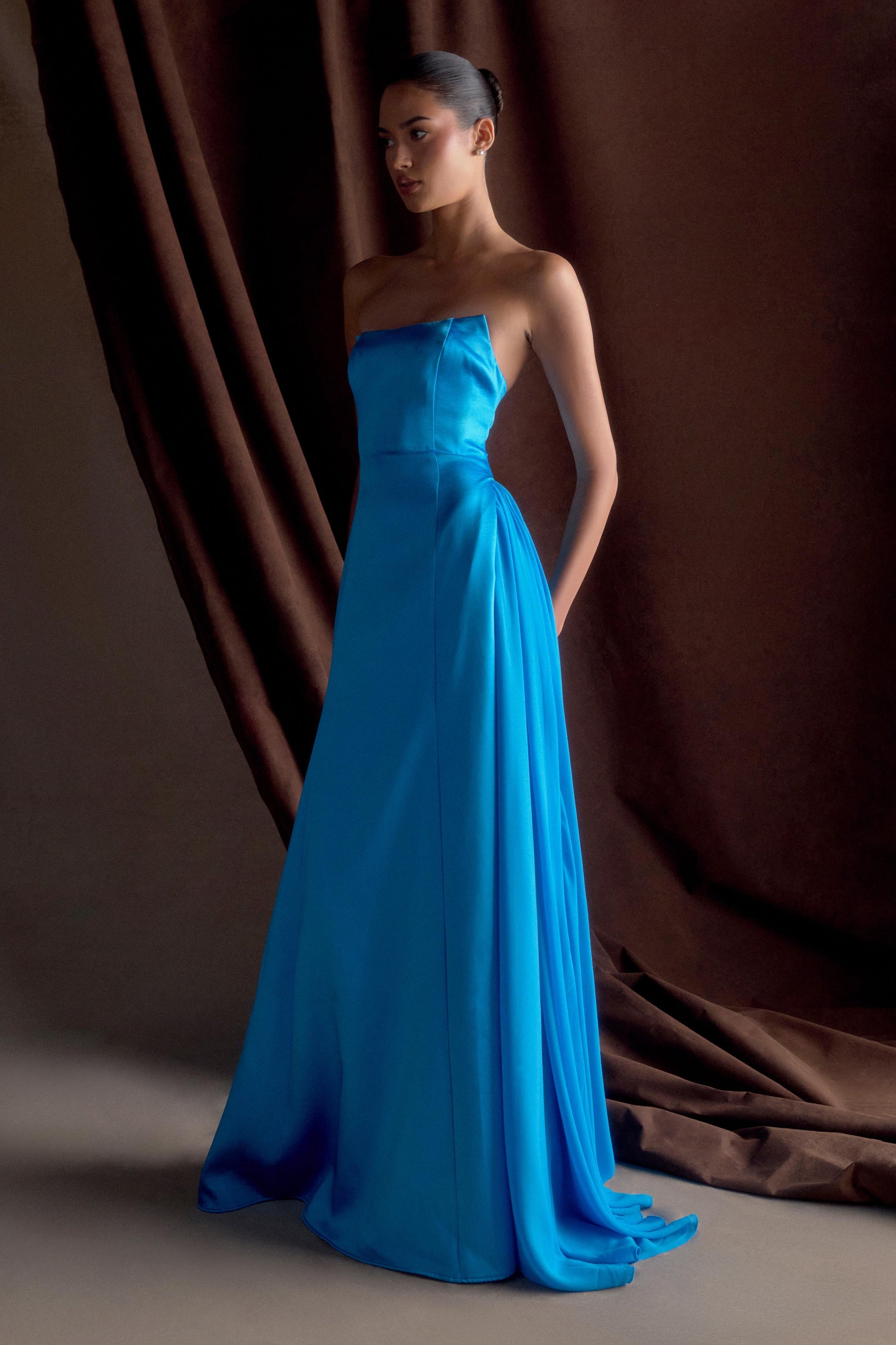Rosella Satin Strapless Maxi Dress / Cyan Blue | MESHKI | XS Rosella Satin Strapless Maxi Dress / Cyan Blue | MESHKI | XS