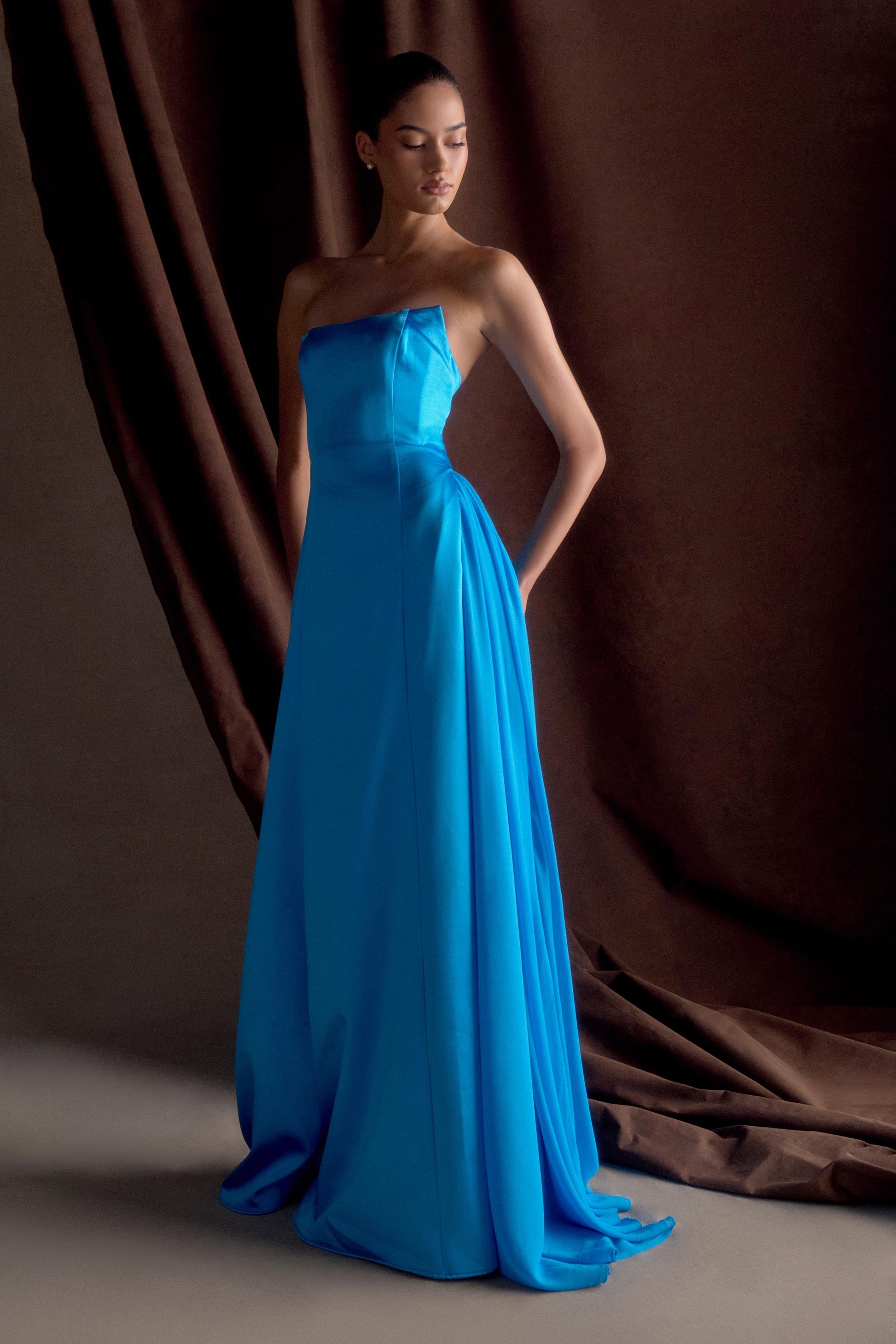 Rosella Satin Strapless Maxi Dress / Cyan Blue | MESHKI | XS Rosella Satin Strapless Maxi Dress / Cyan Blue | MESHKI | XS
