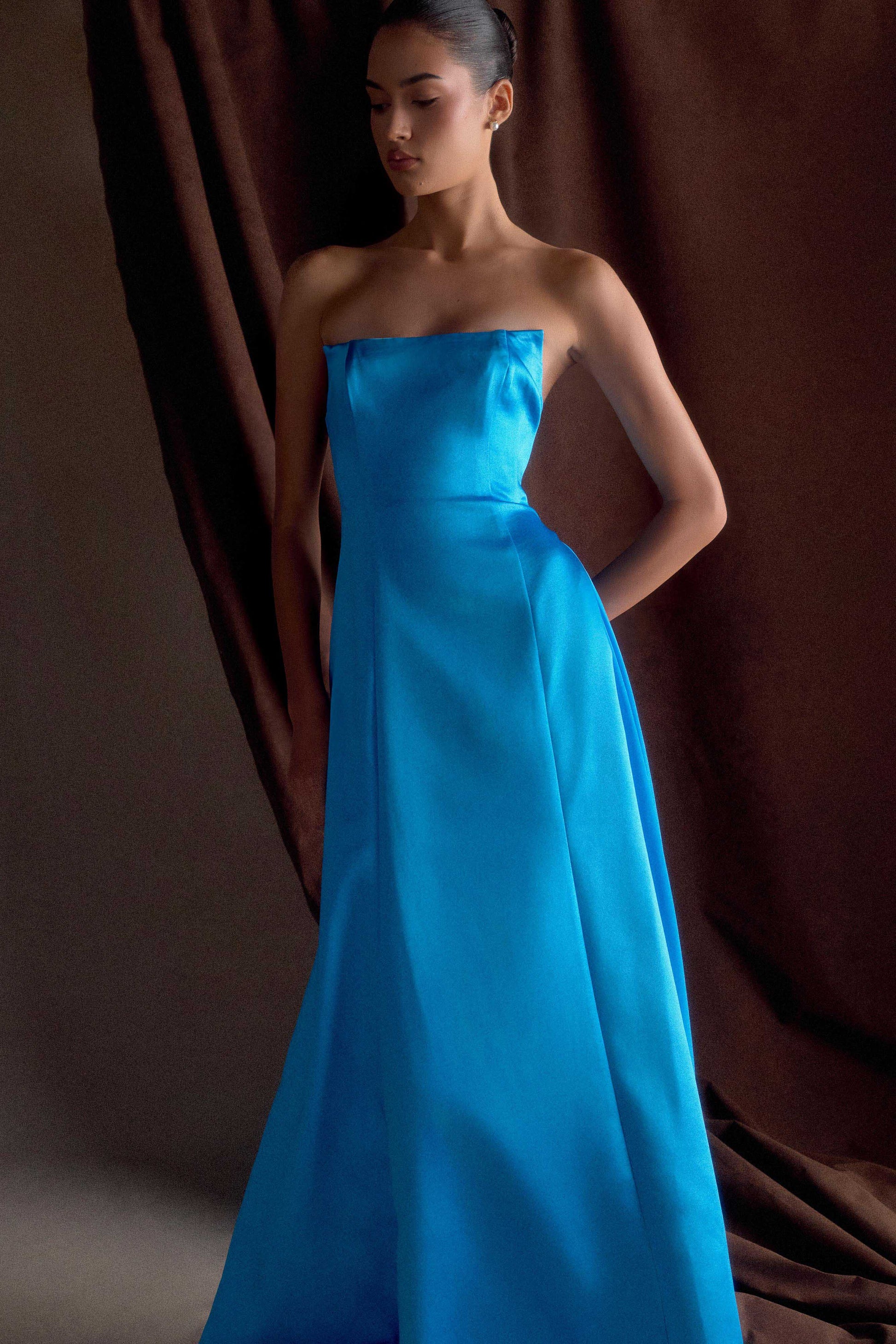 Rosella Satin Strapless Maxi Dress - Cyan Blue | MESHKI US Rosella Satin Strapless Maxi Dress - Cyan Blue | MESHKI US