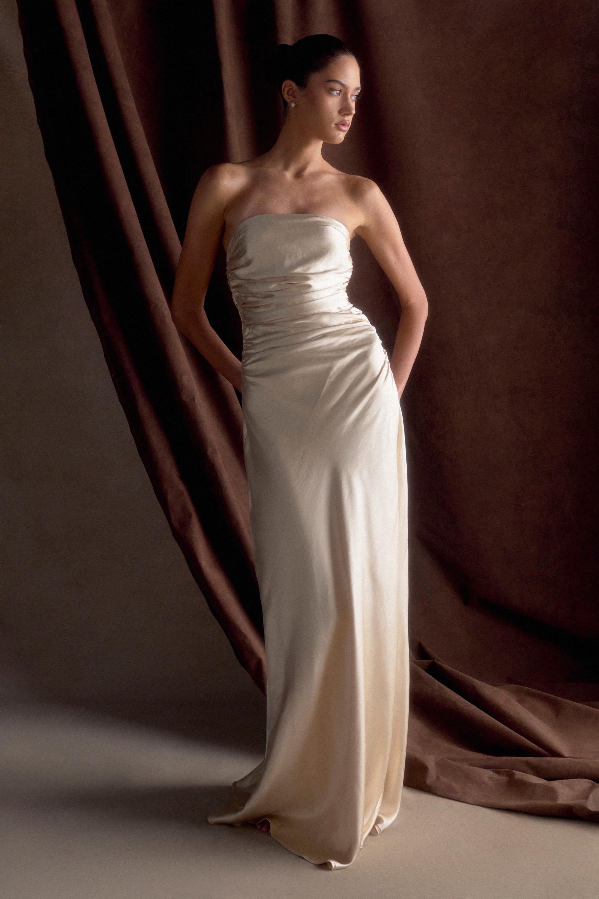 Cedar Strapless Satin Maxi Dress / Blush Gold | MESHKI | XXS Cedar Strapless Satin Maxi Dress / Blush Gold | MESHKI | XXS