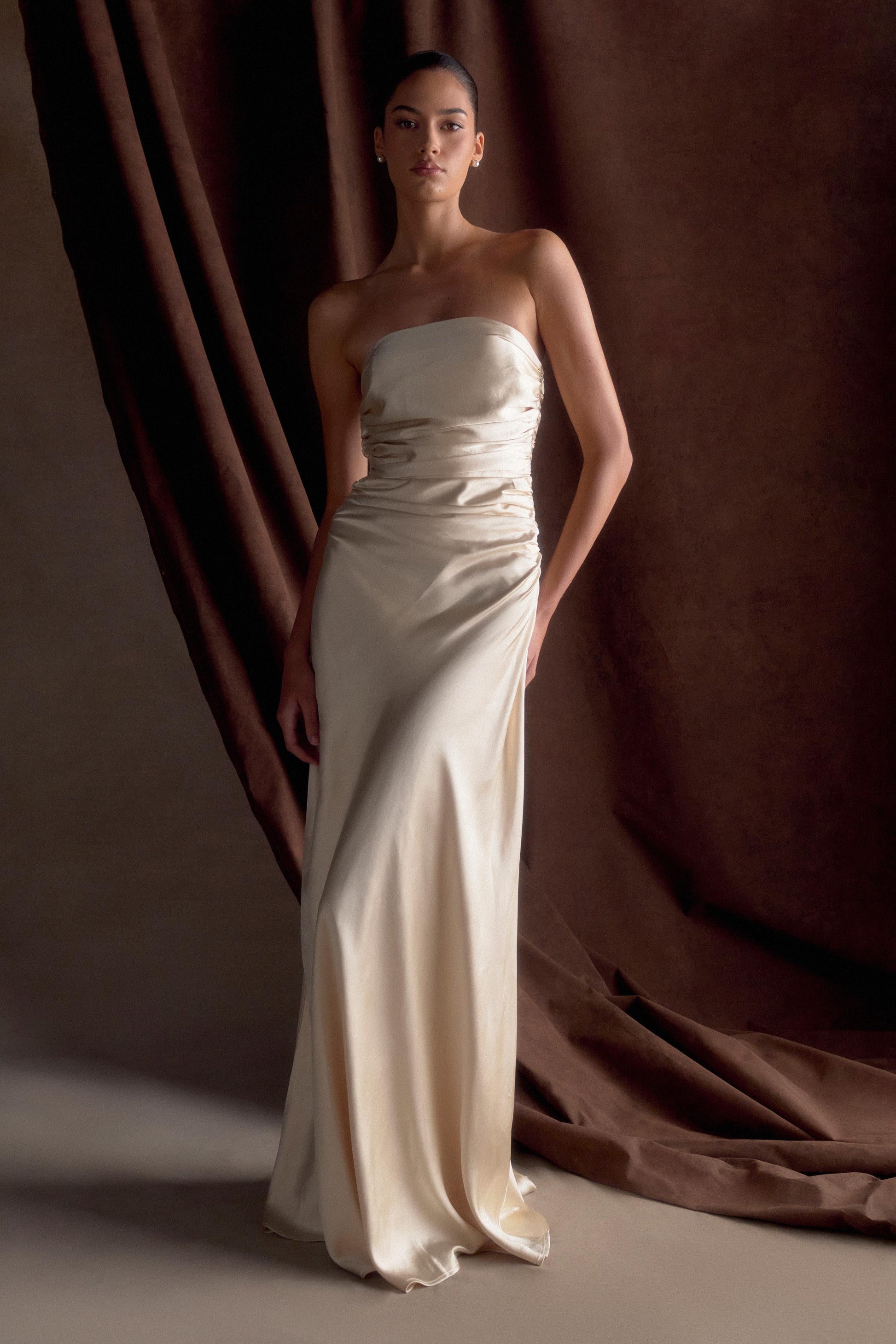 Cedar Strapless Satin Maxi Dress / Blush Gold | MESHKI