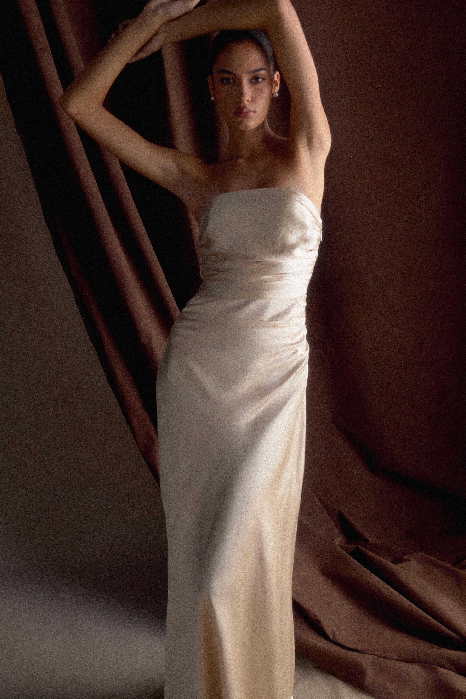 Cedar Strapless Satin Maxi Dress - Blush Gold | MESHKI US Cedar Strapless Satin Maxi Dress - Blush Gold | MESHKI US