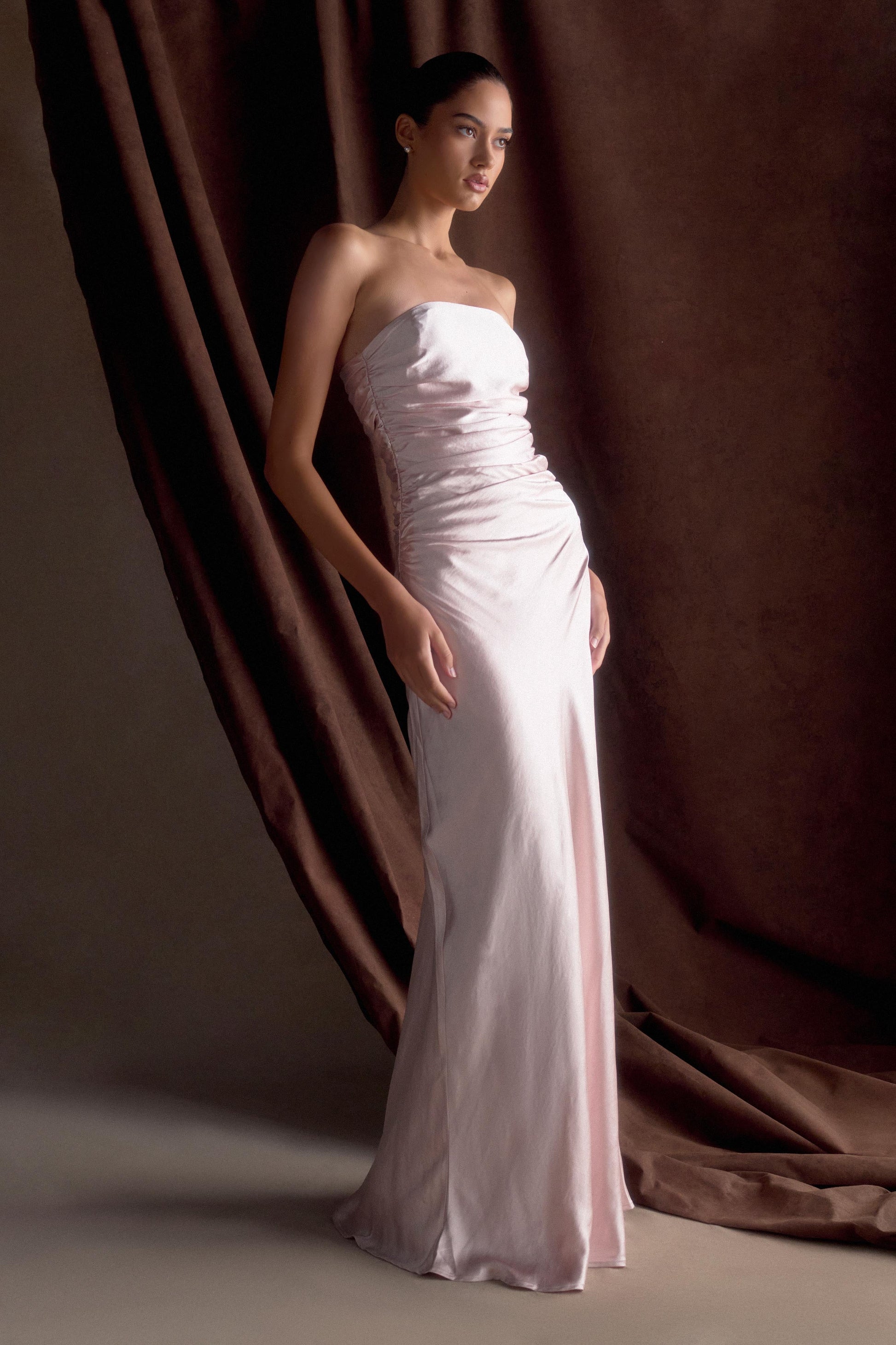 pink maxi dress for wedding Cedar Strapless Satin Maxi Dress / Soft Pink | MESHKI