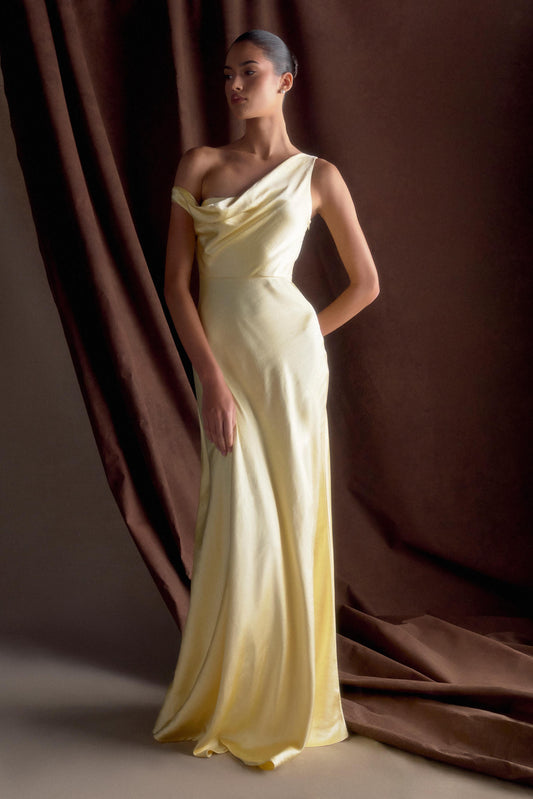yellow satin bridesmaid dresses Amelia Lemonade Dress | Bias-Cut Maxi | Sizes 820 Key Features Yellow Bridesmaids Dresses | MESHKI