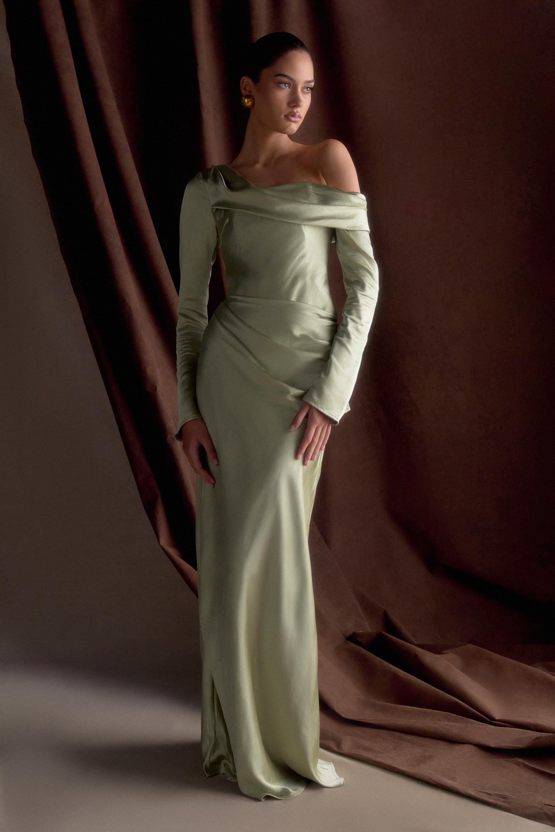 Iris Long Sleeve Satin Maxi Dress / Sage | MESHKI