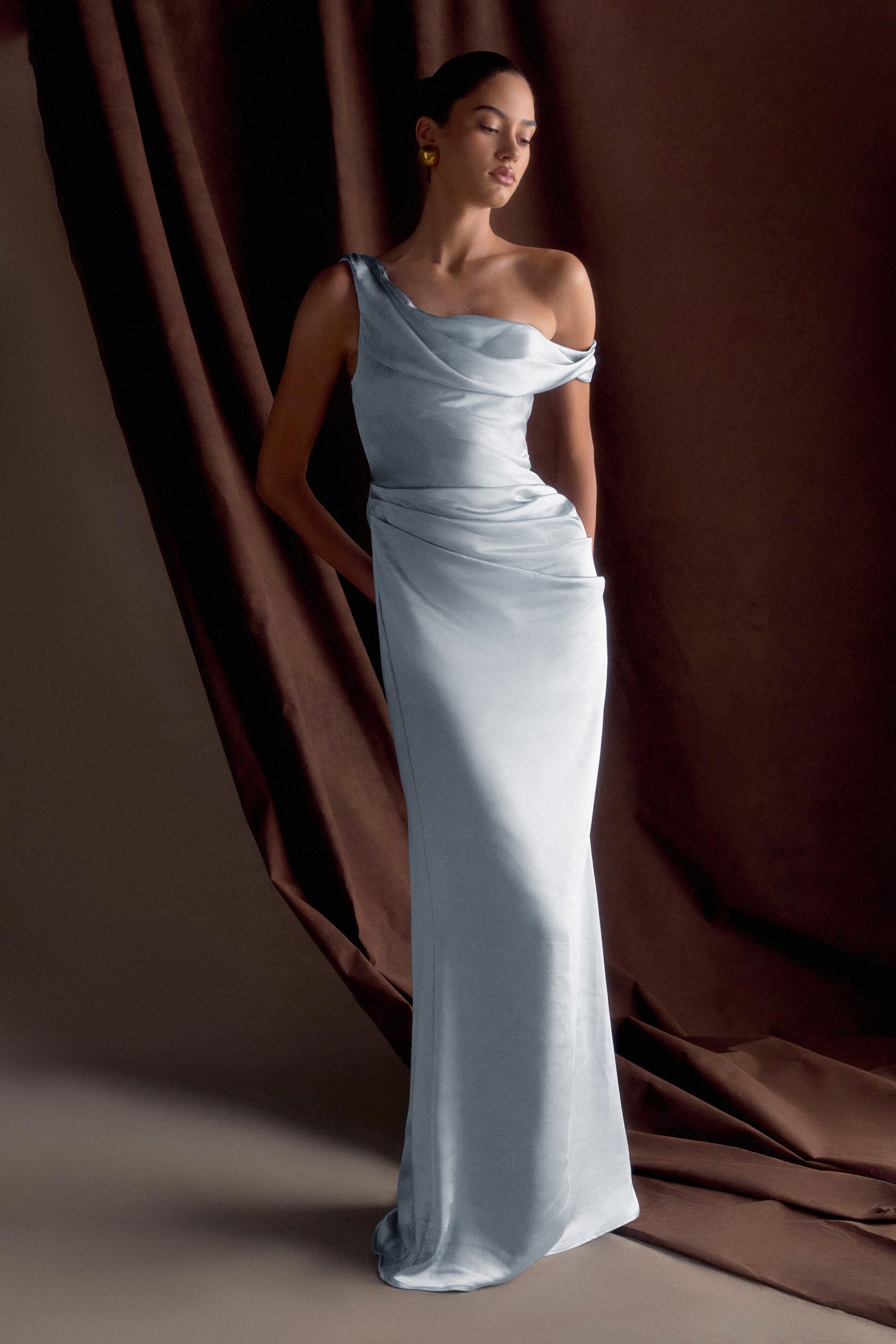 Dalia Off Shoulder Satin Maxi Dress / Frosted Blue | MESHKI