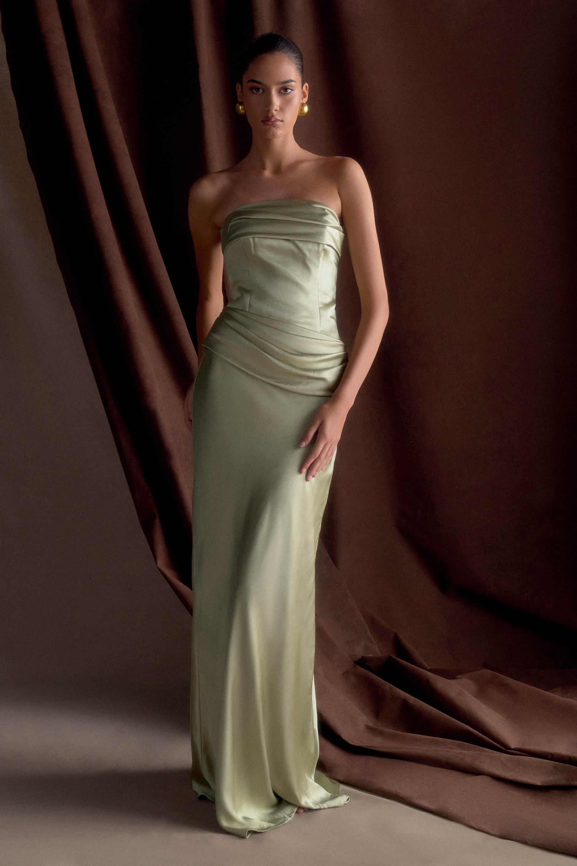Jasmine Strapless Satin Maxi Dress / Sage | MESHKI
