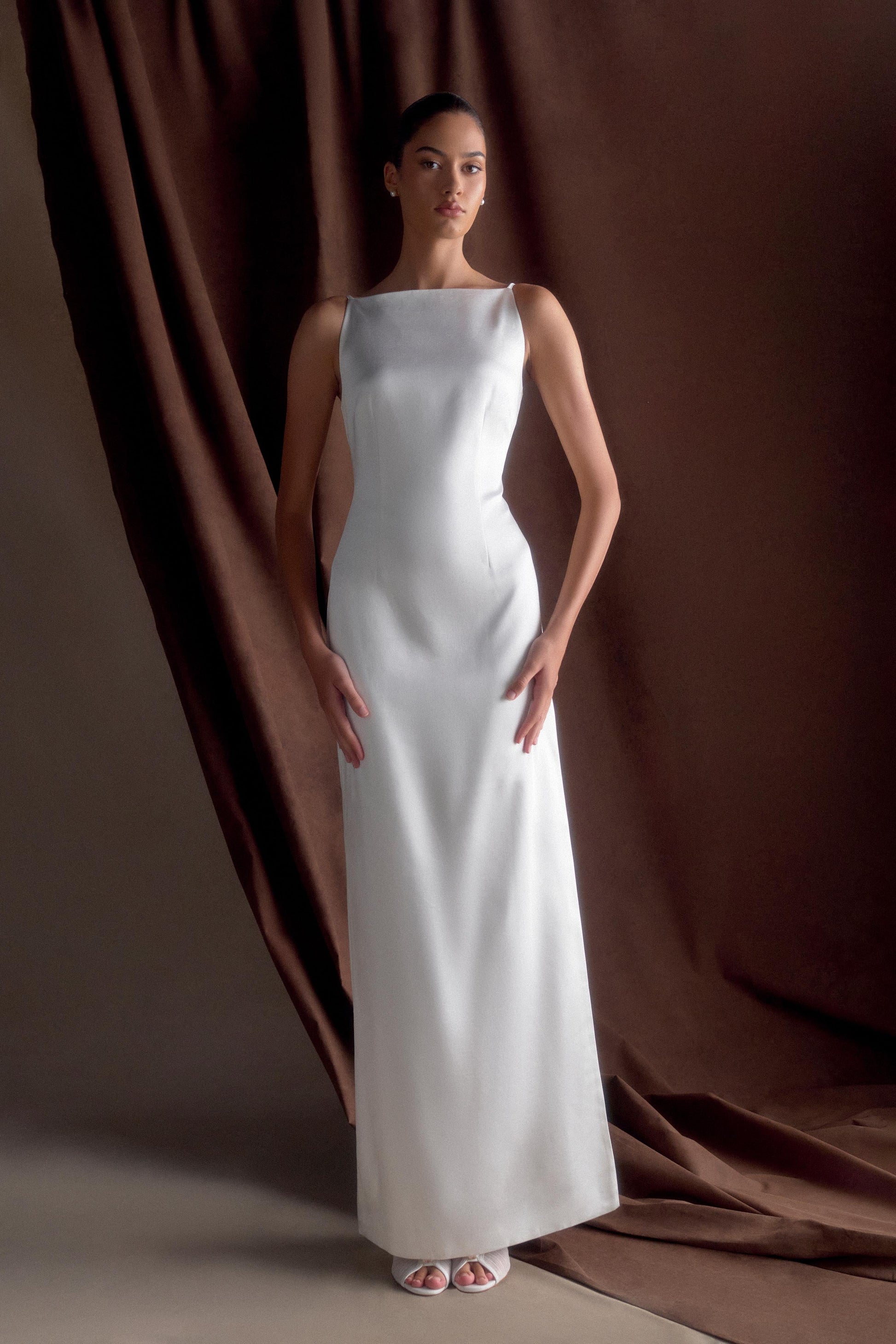 Violet Sleeveless Satin Maxi Dress - White | MESHKI US Violet Sleeveless Satin Maxi Dress - White | MESHKI US