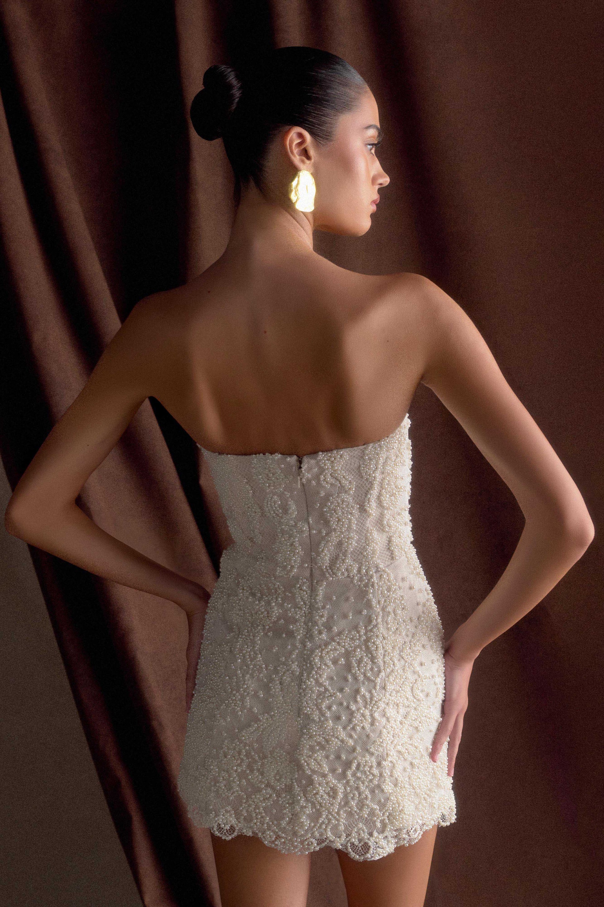 Eva Hand Beaded Pearl & Lace Mini Dress - White | MESHKI US Eva Hand Beaded Pearl & Lace Mini Dress - White | MESHKI US