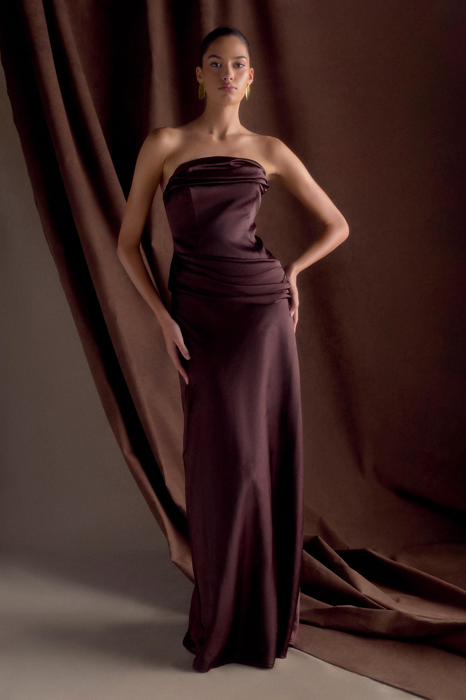 Jasmine Strapless Satin Maxi Dress / Dark Chocolate | MESHKI