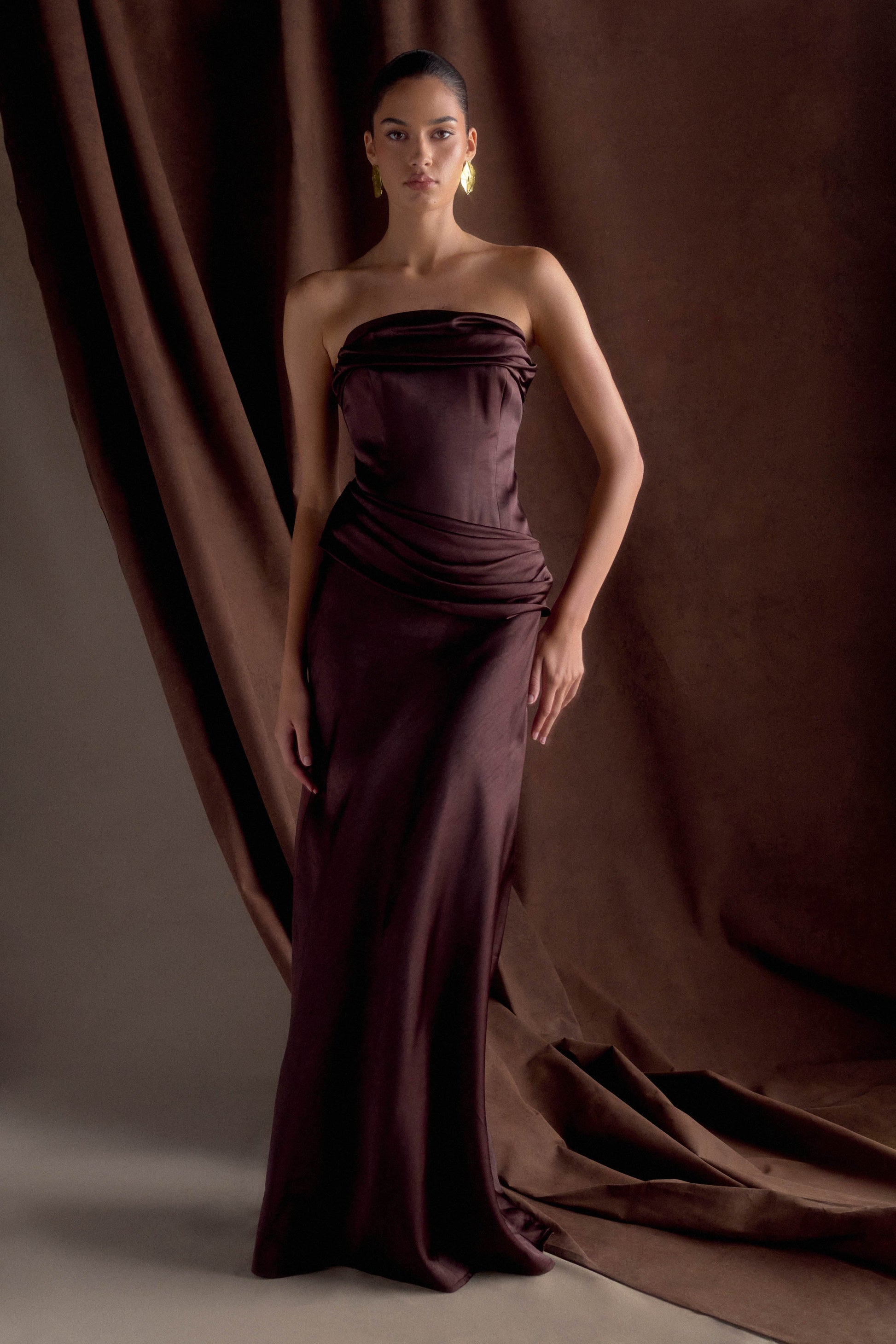 Jasmine Strapless Satin Maxi Dress / Dark Chocolate | MESHKI