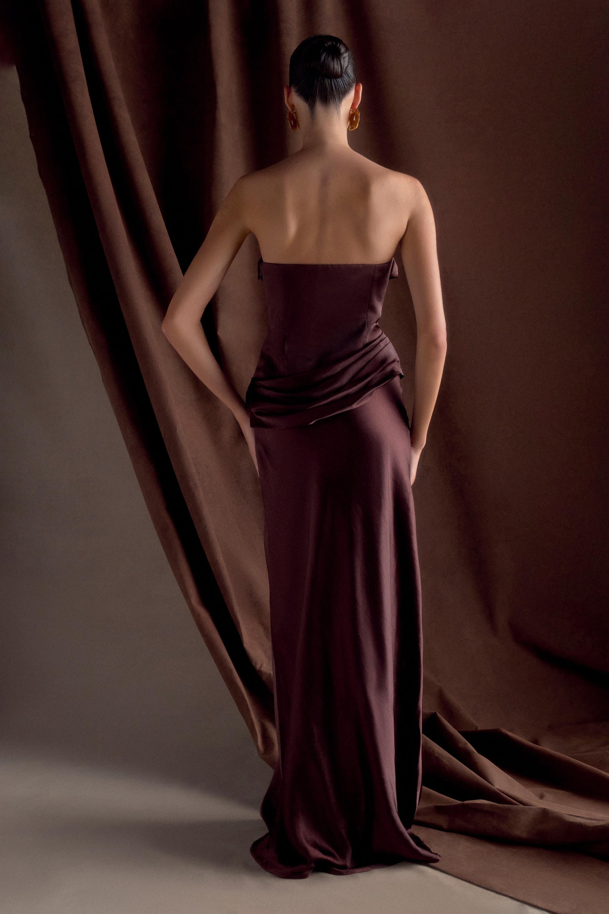 Jasmine Strapless Satin Maxi Dress - Dark Chocolate | MESHKI US Jasmine Strapless Satin Maxi Dress - Dark Chocolate | MESHKI US