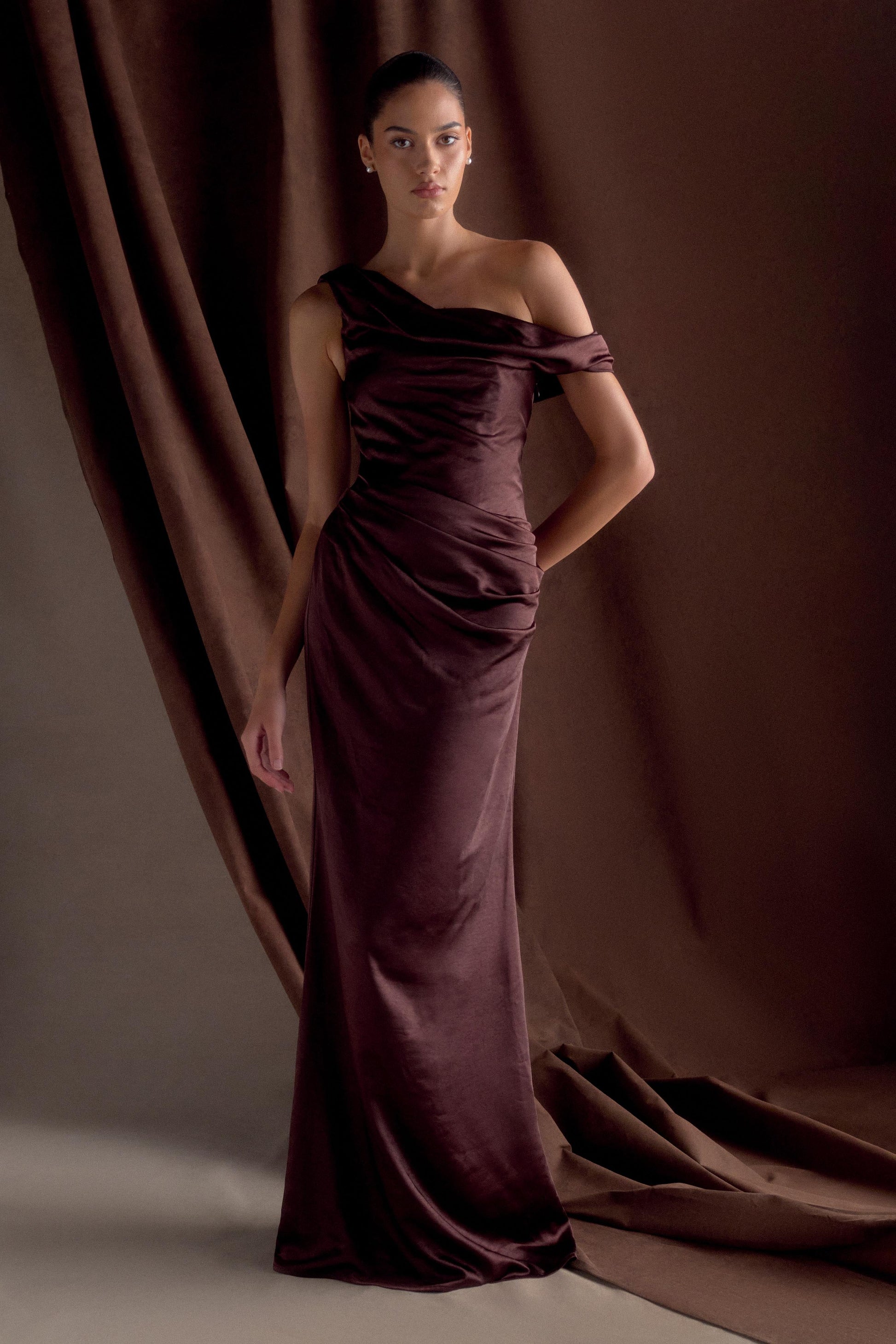 Dalia Off Shoulder Satin Maxi Dress - Dark Chocolate | MESHKI US Dalia Off Shoulder Satin Maxi Dress - Dark Chocolate | MESHKI US