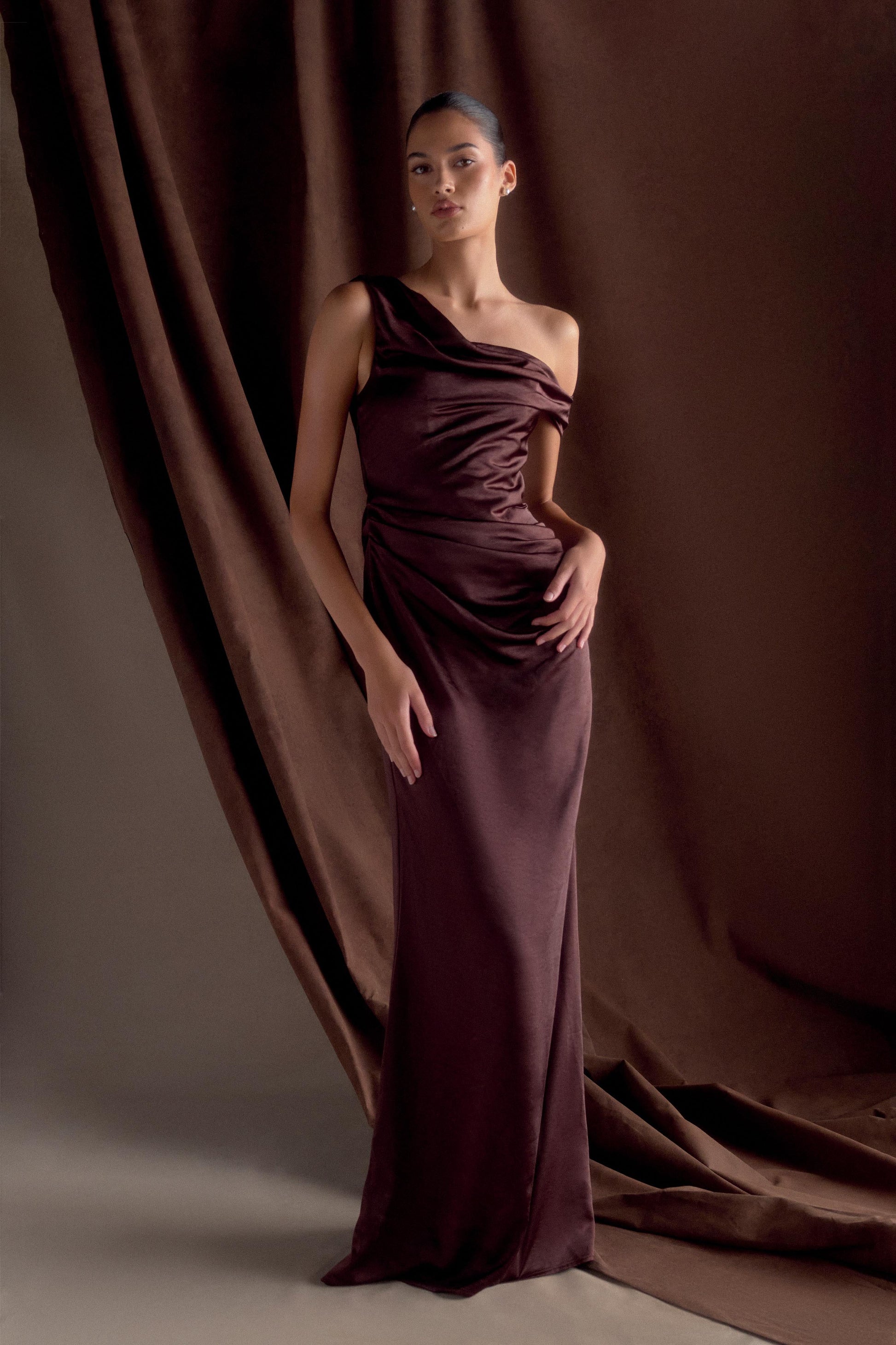 Dalia Off Shoulder Satin Maxi Dress - Dark Chocolate | MESHKI US Dalia Off Shoulder Satin Maxi Dress - Dark Chocolate | MESHKI US