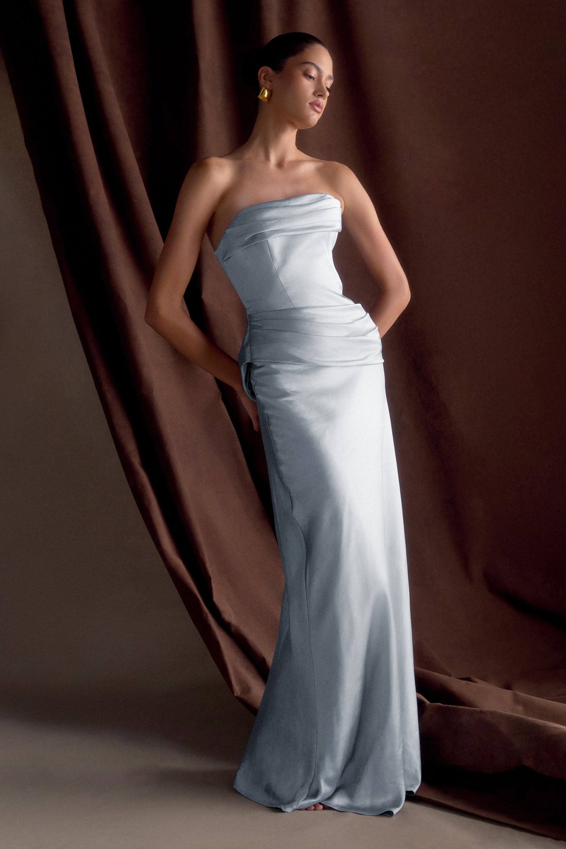 Jasmine Strapless Satin Maxi Dress - Frosted Blue | MESHKI US Jasmine Strapless Satin Maxi Dress - Frosted Blue | MESHKI US