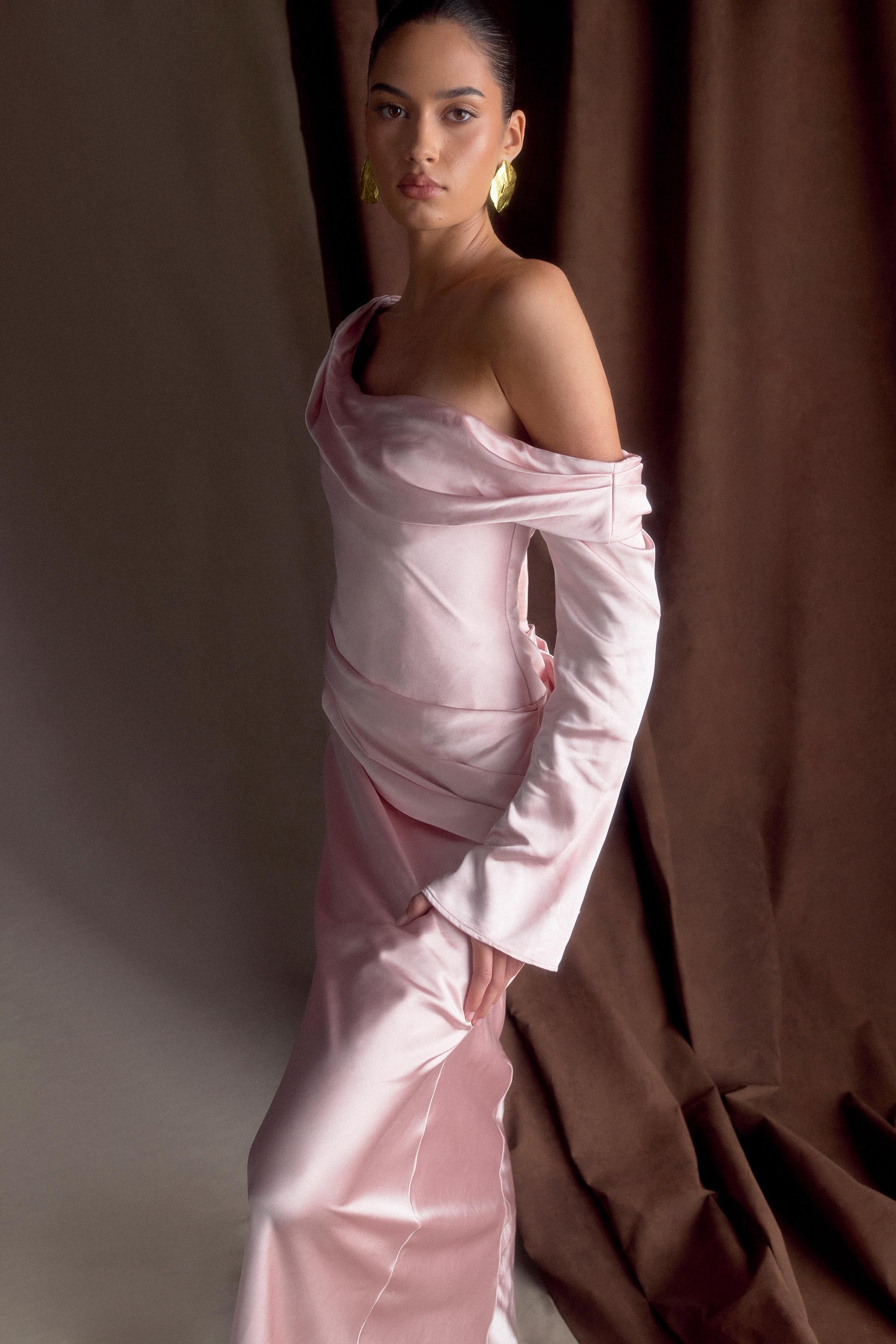 Iris Long Sleeve Satin Maxi Dress - Soft Pink | MESHKI US Iris Long Sleeve Satin Maxi Dress - Soft Pink | MESHKI US