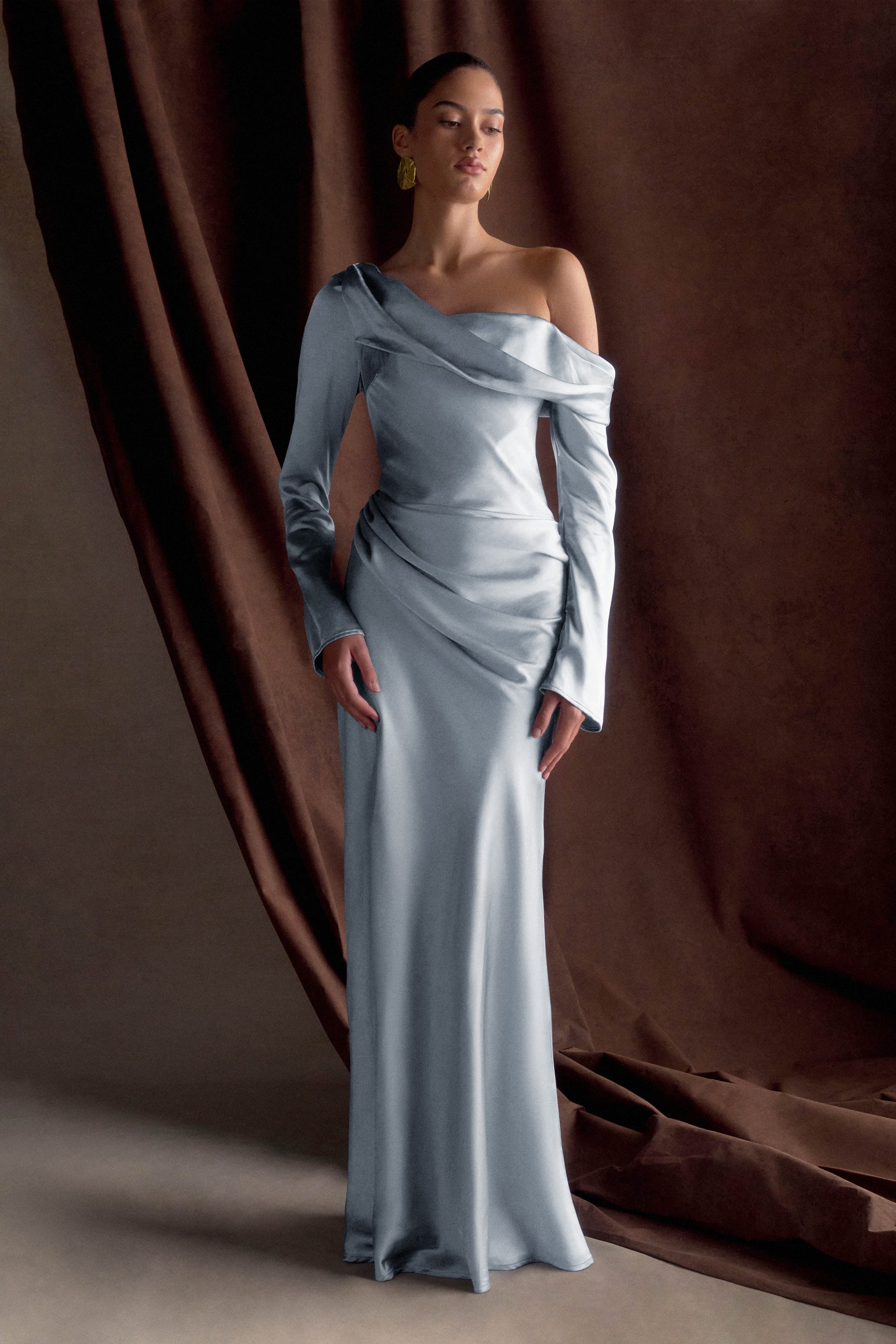 Iris Long Sleeve Satin Maxi Dress / Frosted Blue | MESHKI