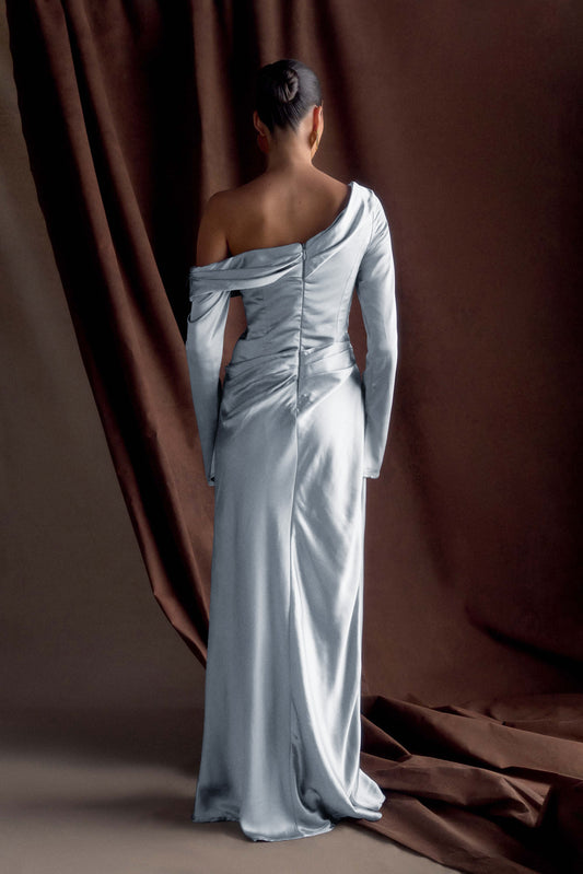 meshki bridesmaid dress Lyla Asymmetrical Satin Maxi / Plum | the Iris dress is perfect for formal occasions Bridesmaids Dresses - Shop Online