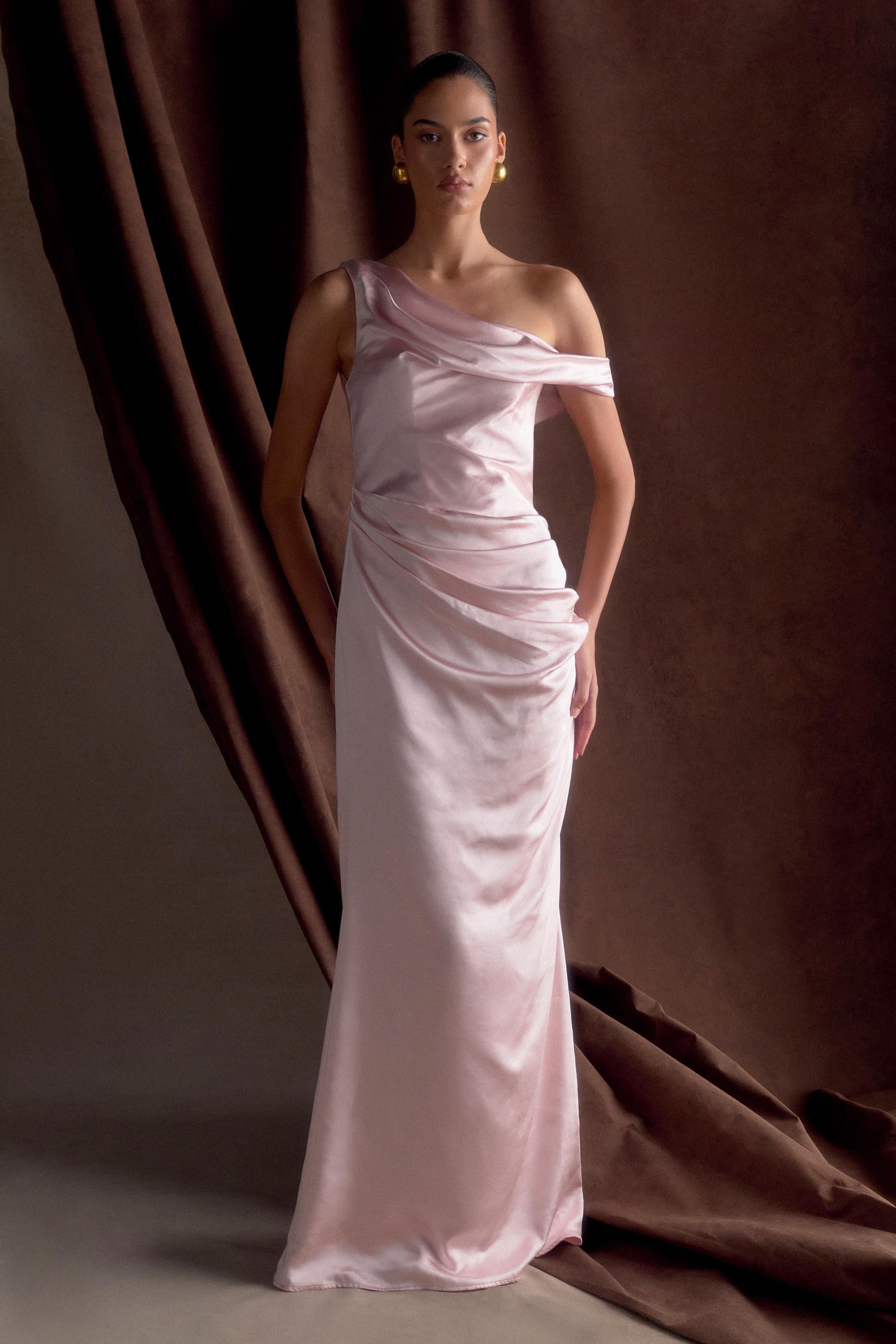 Dalia Off Shoulder Satin Maxi Dress - Soft Pink | MESHKI US Dalia Off Shoulder Satin Maxi Dress - Soft Pink | MESHKI US