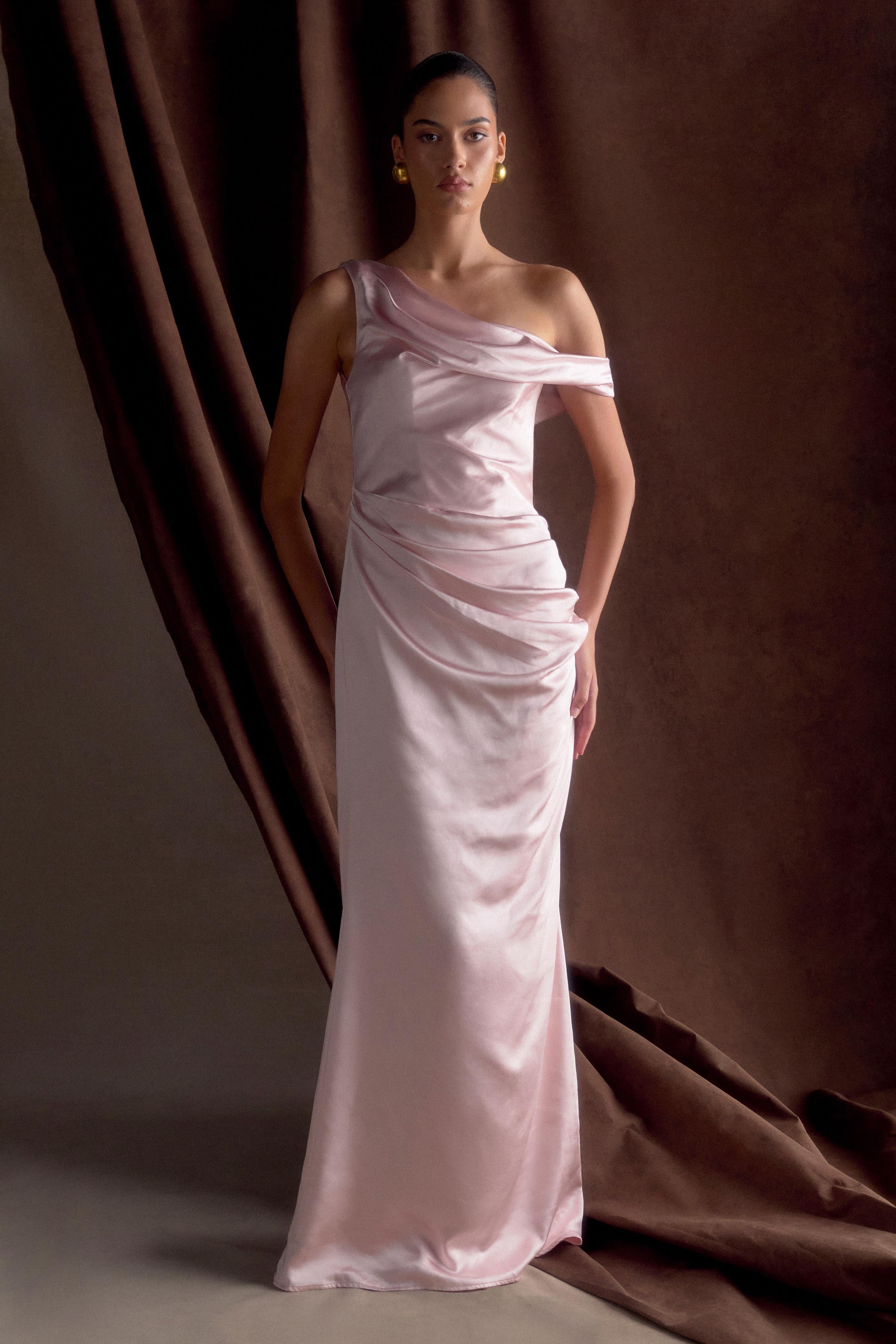 musk pink bridesmaid dresses Dusty Pink Satin Off Shoulder Long Mermaid Bridesmaid Dresses , BN1082