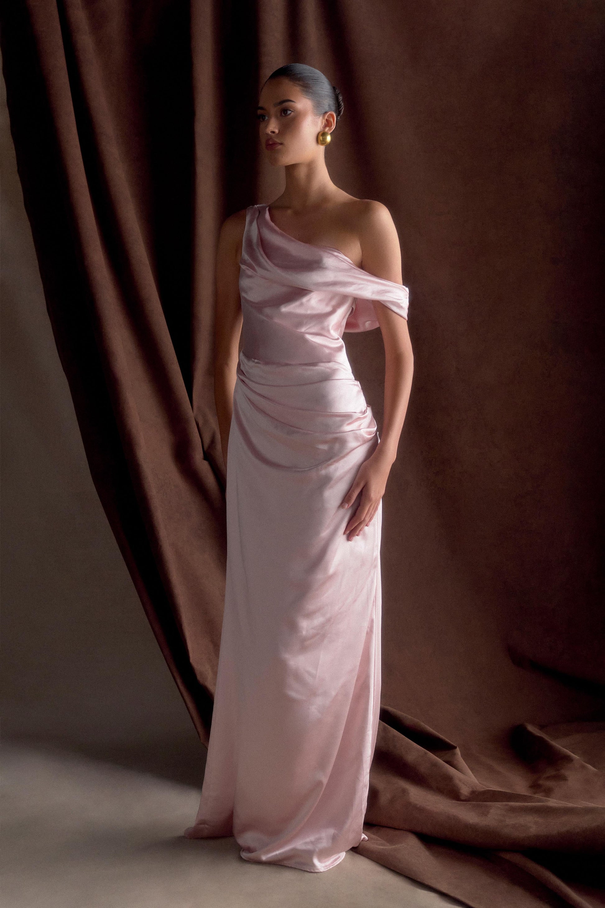 Dalia Off Shoulder Satin Maxi Dress / Soft Pink | MESHKI | XL Dalia Off Shoulder Satin Maxi Dress / Soft Pink | MESHKI | XL