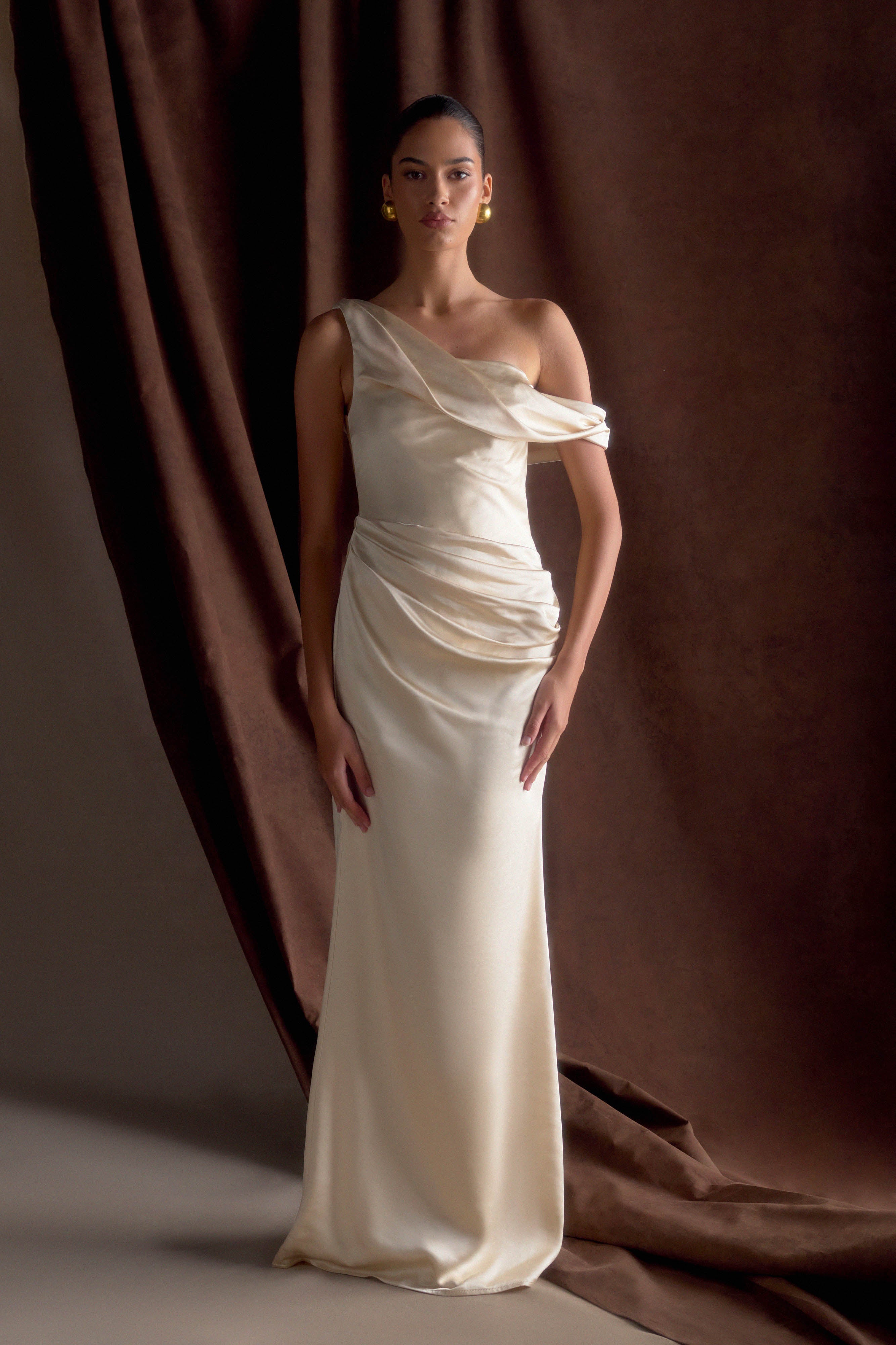meshki bridesmaid dress Lyla Asymmetrical Satin Maxi / Plum | the Iris dress is perfect for formal occasions Bridesmaids Dresses - Shop Online
