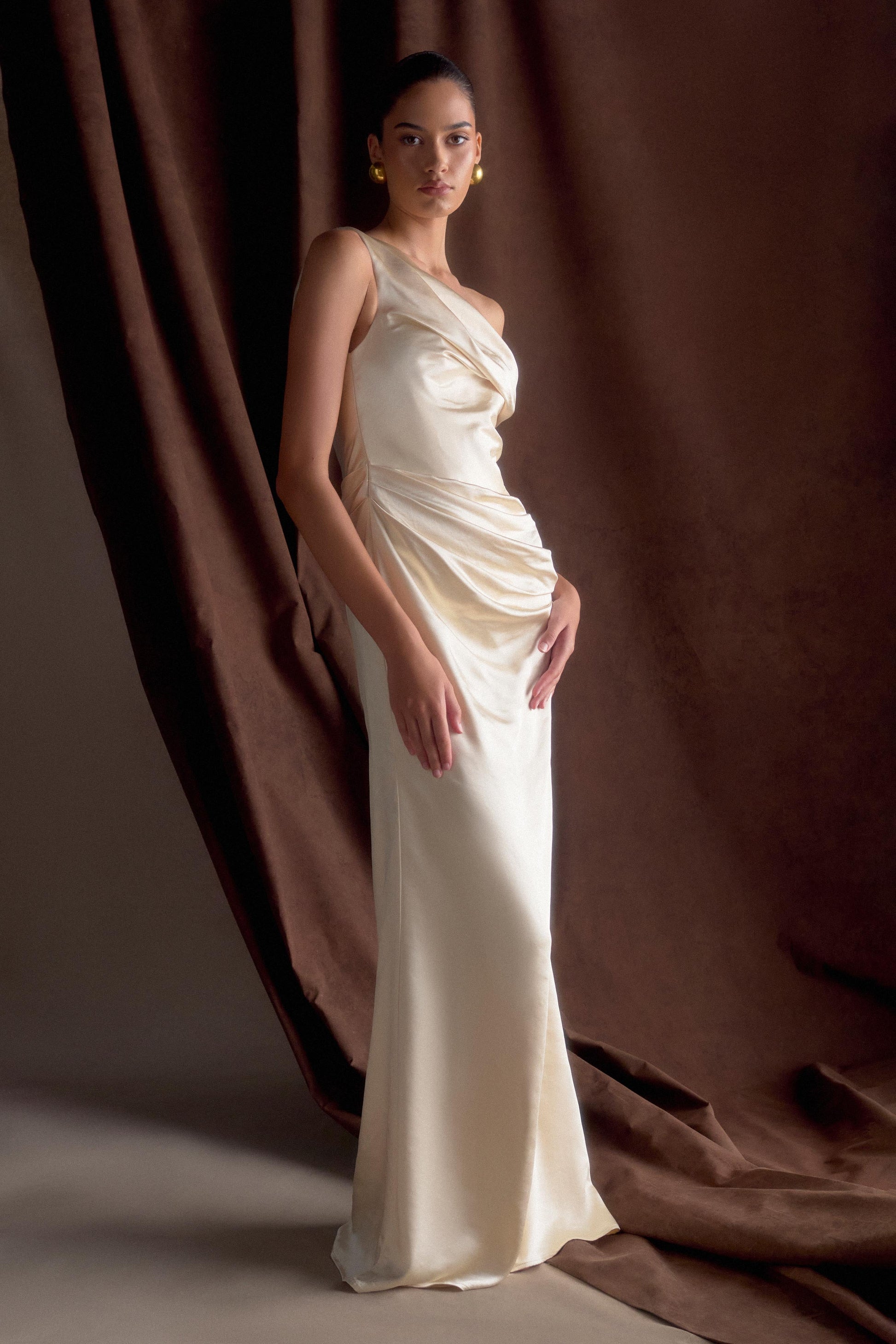 Dalia Off Shoulder Satin Maxi Dress / Blush Gold | MESHKI | XXL Dalia Off Shoulder Satin Maxi Dress / Blush Gold | MESHKI | XXL