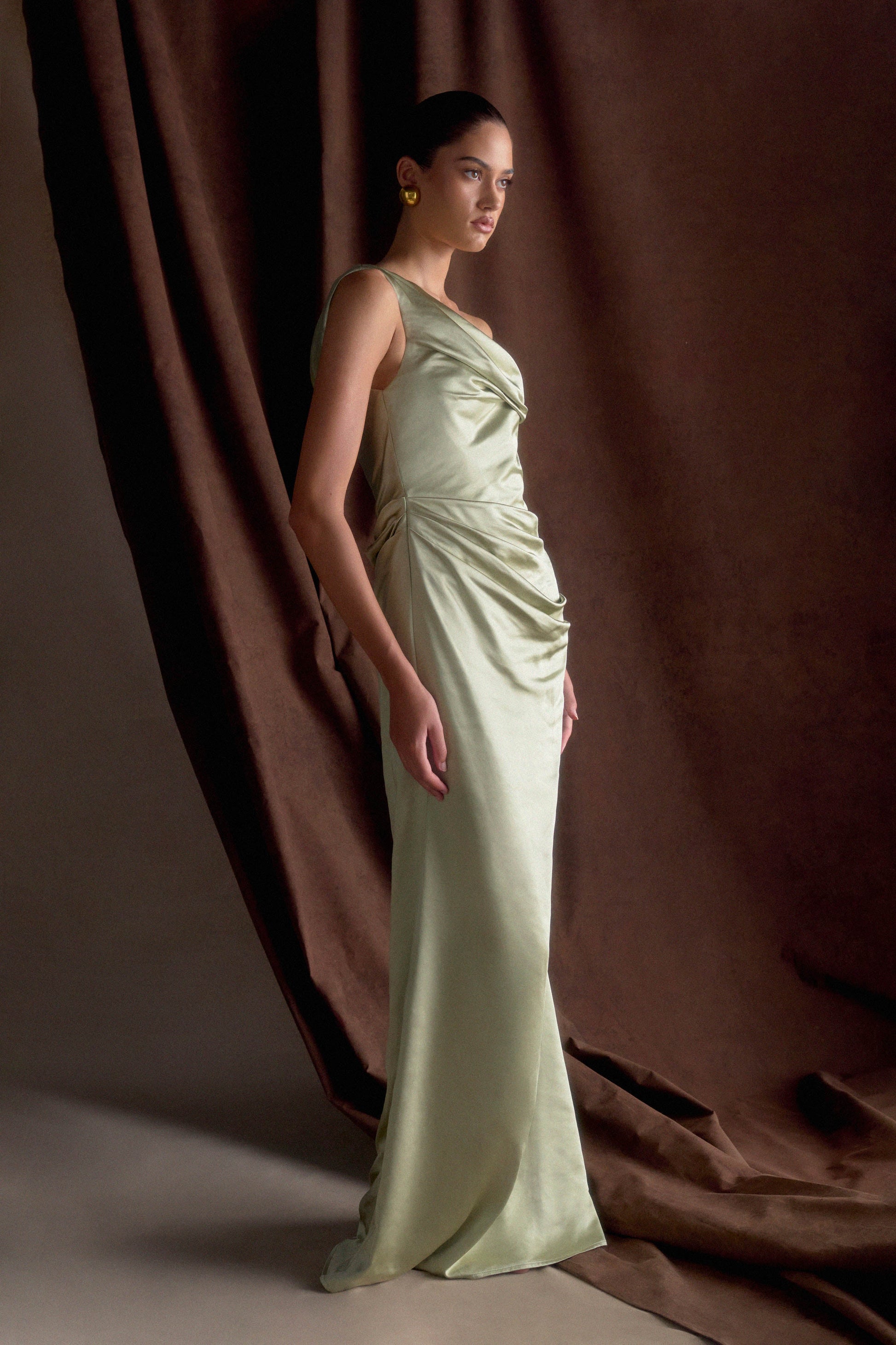 Dalia Off Shoulder Satin Maxi Dress - Sage | MESHKI US Dalia Off Shoulder Satin Maxi Dress - Sage | MESHKI US